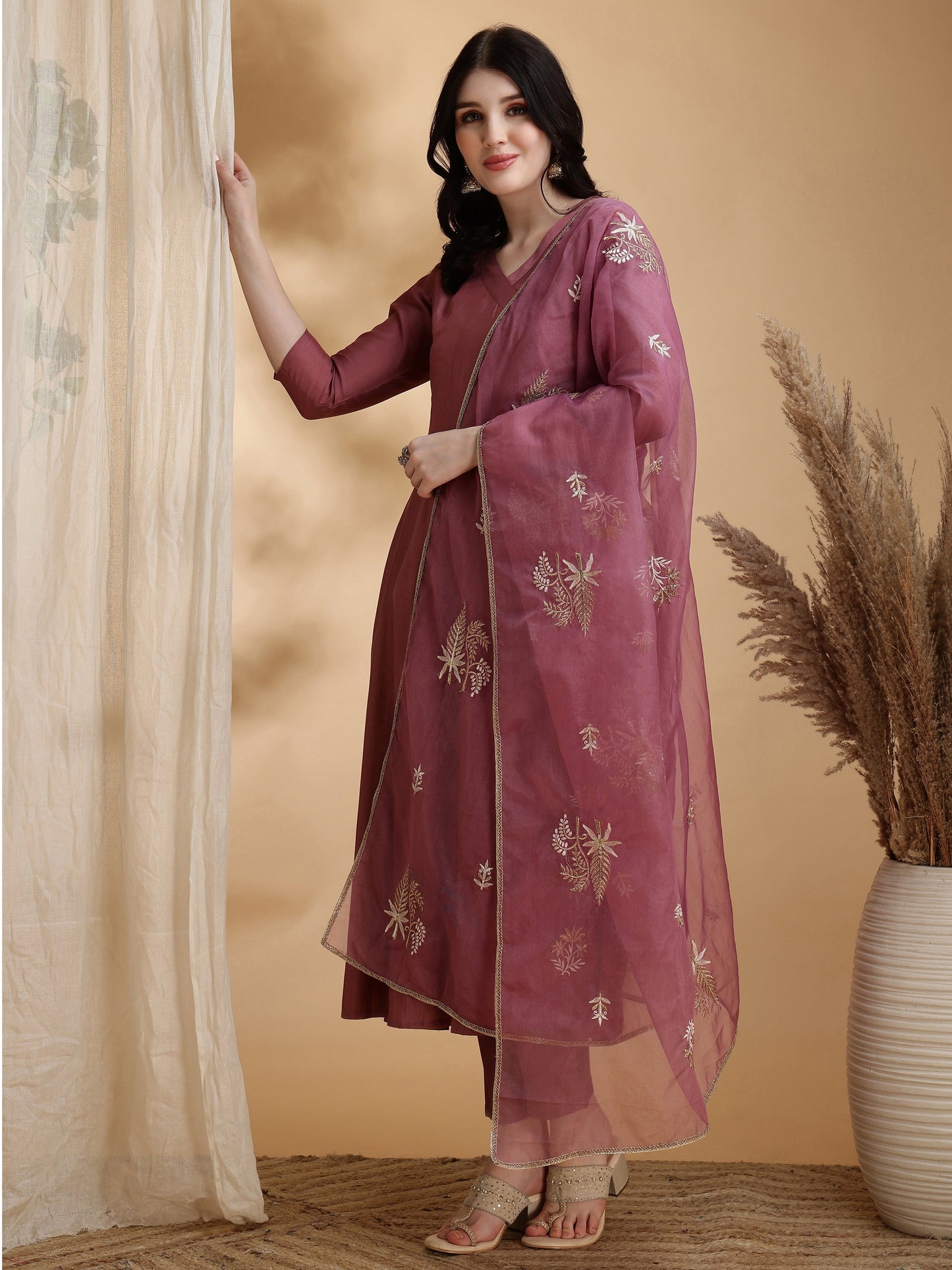 Angarkha Style Kurta With Pant & Embroidered Organza Dupatta, Mauve - Hiral Fashion