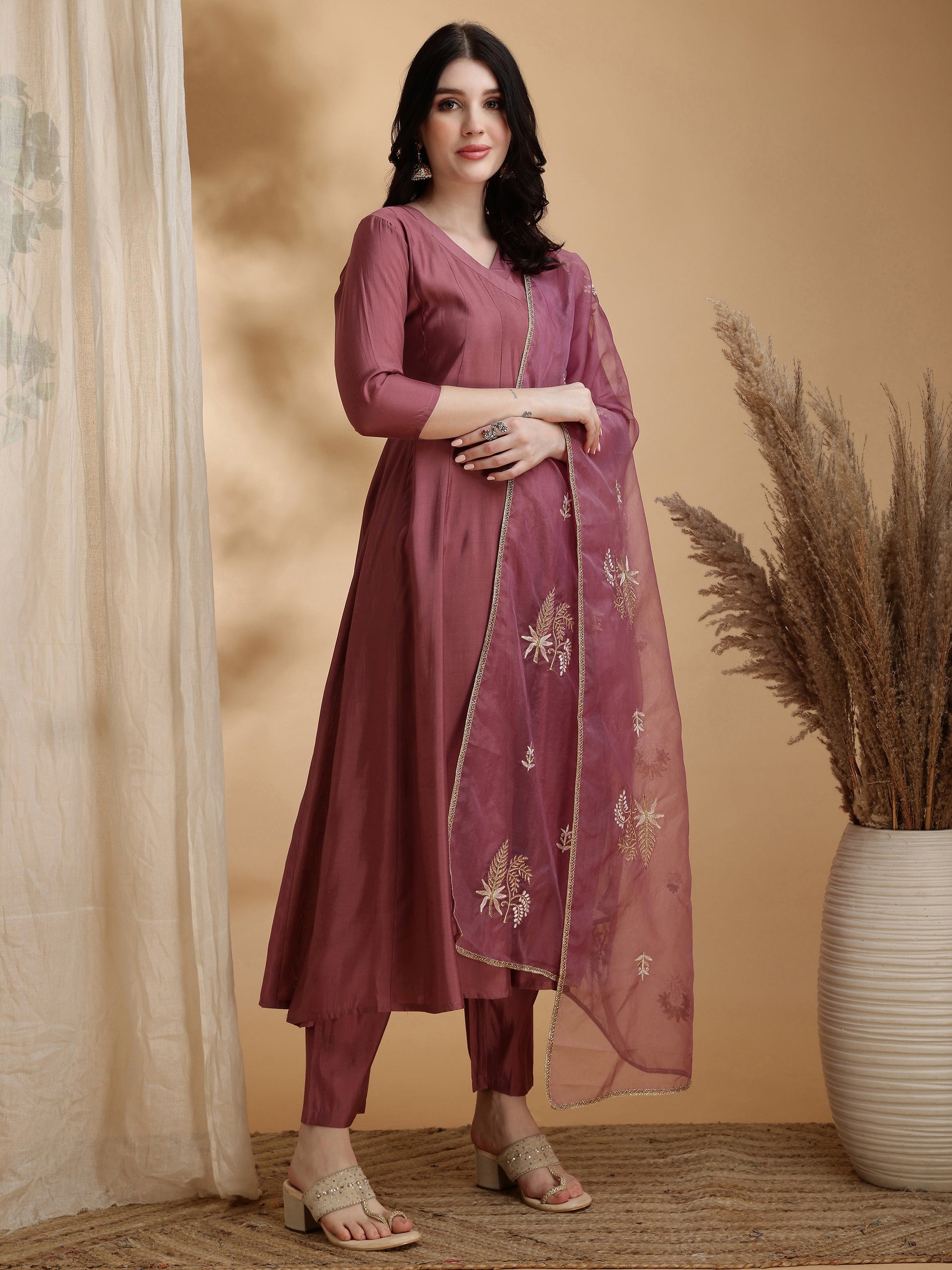 Angarkha Style Kurta With Pant & Embroidered Organza Dupatta, Mauve - Hiral Fashion