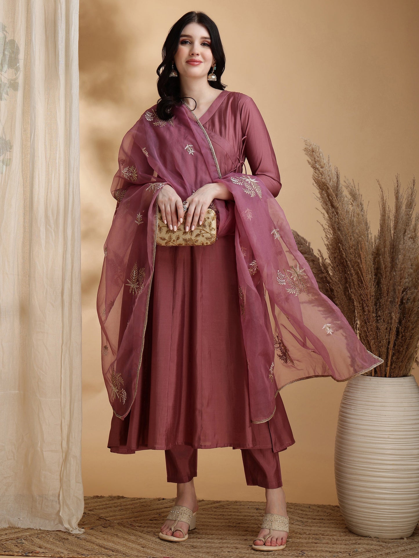 Angarkha Style Kurta With Pant & Embroidered Organza Dupatta, Mauve - Hiral Fashion