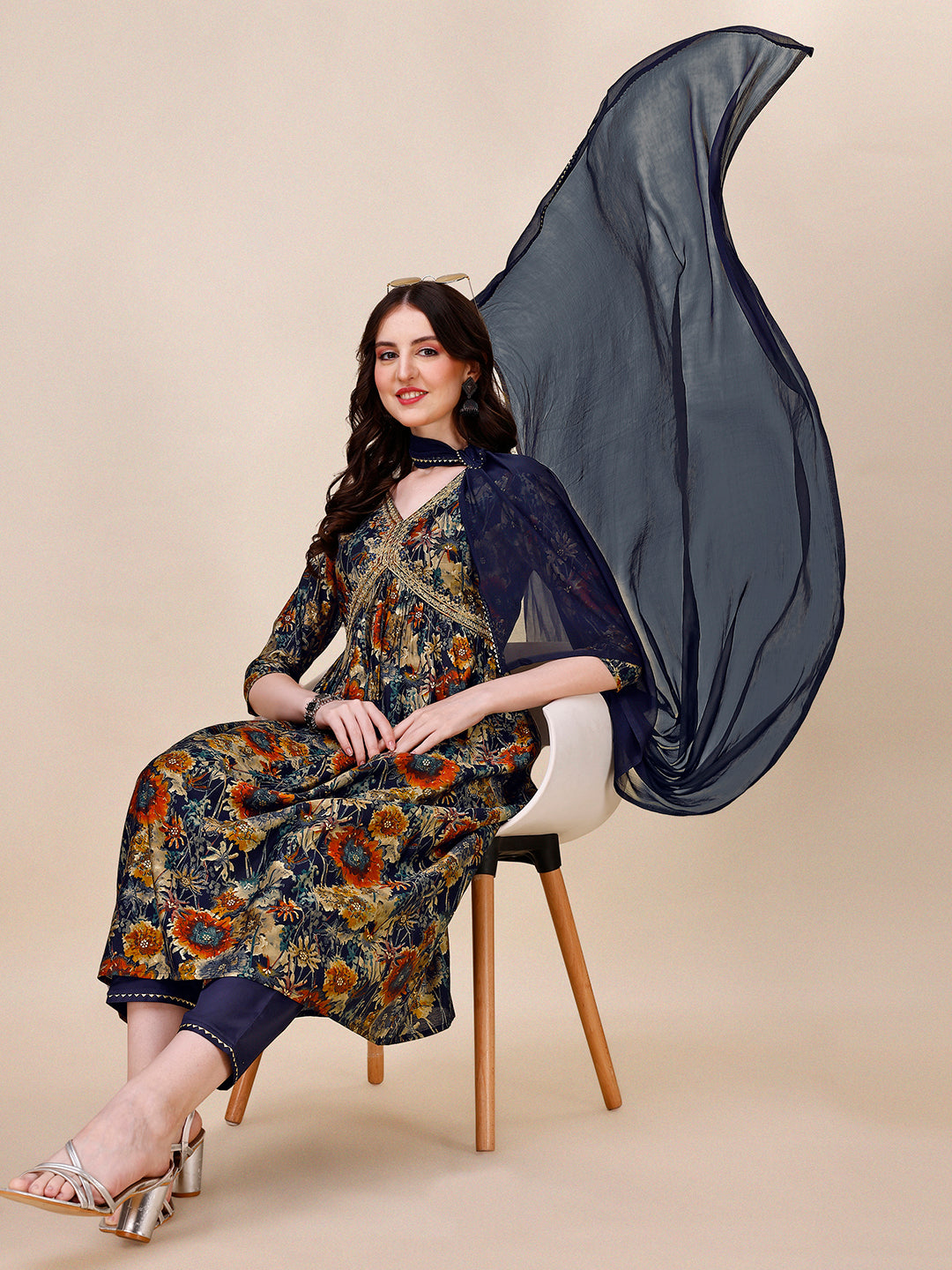 Alia Cut Printed & Embroidered Kurta With Pant & Dupatta Set, Multicolor - Hiral Fashion