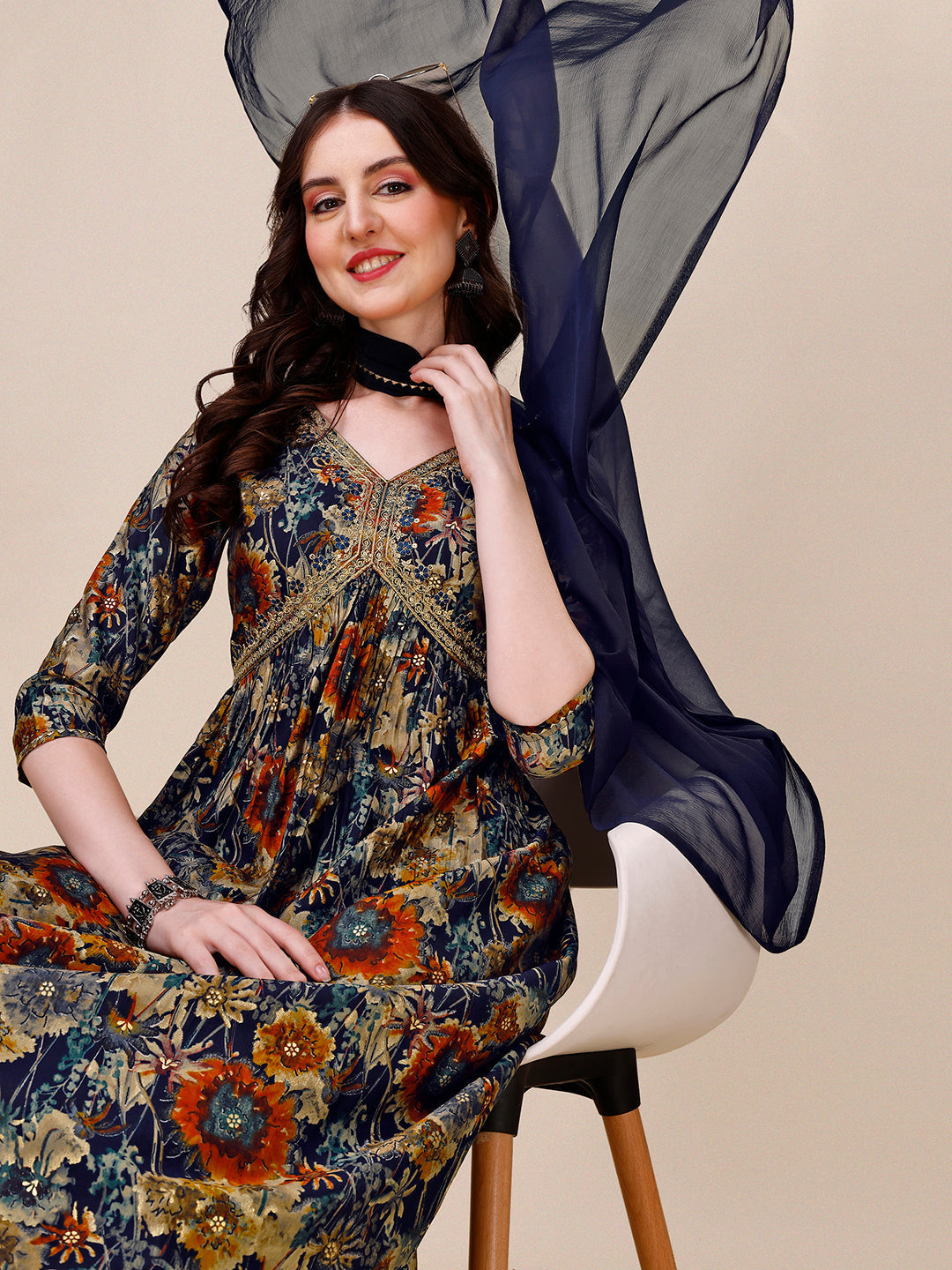 Alia Cut Printed & Embroidered Kurta With Pant & Dupatta Set, Multicolor - Hiral Fashion