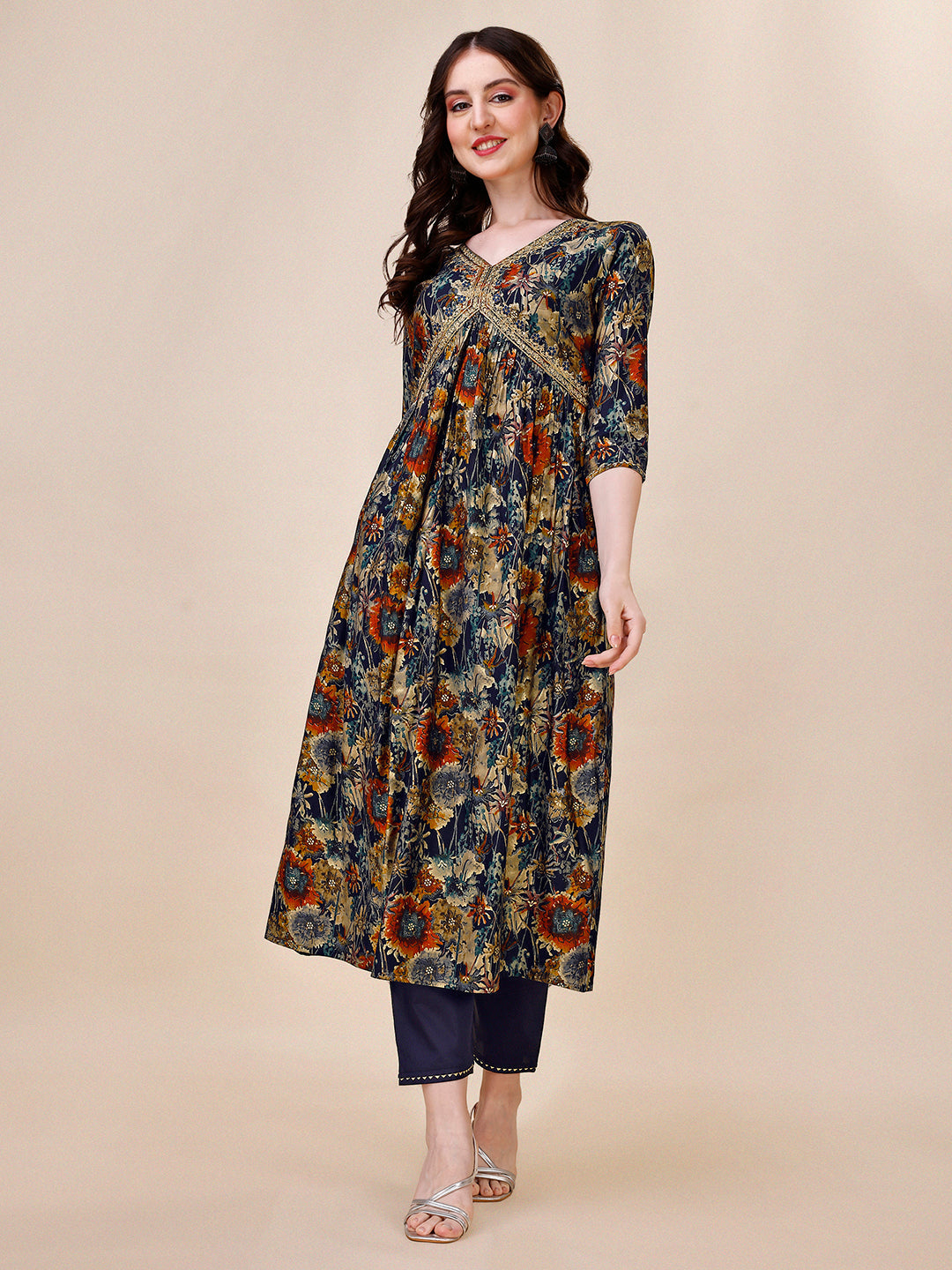 Alia Cut Printed & Embroidered Kurta With Pant & Dupatta Set, Multicolor - Hiral Fashion