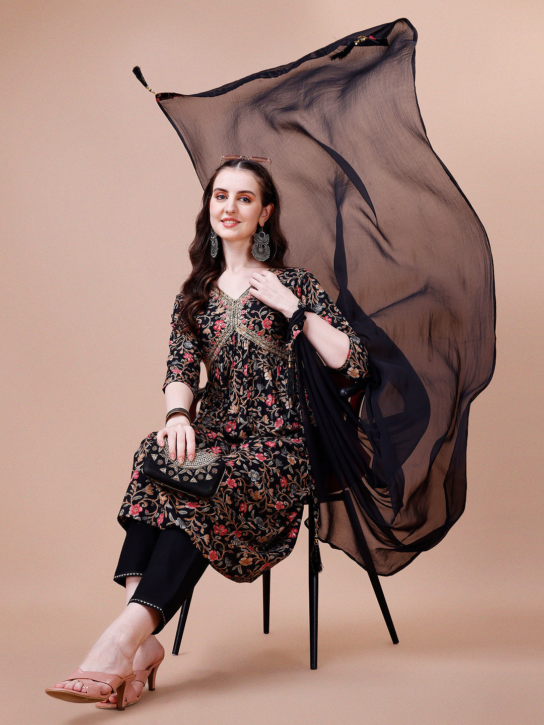 Alia Cut Embroidered & Floral Printed Rayon Kurta With Pant & Dupatta, Multicolor - Hiral Fashion