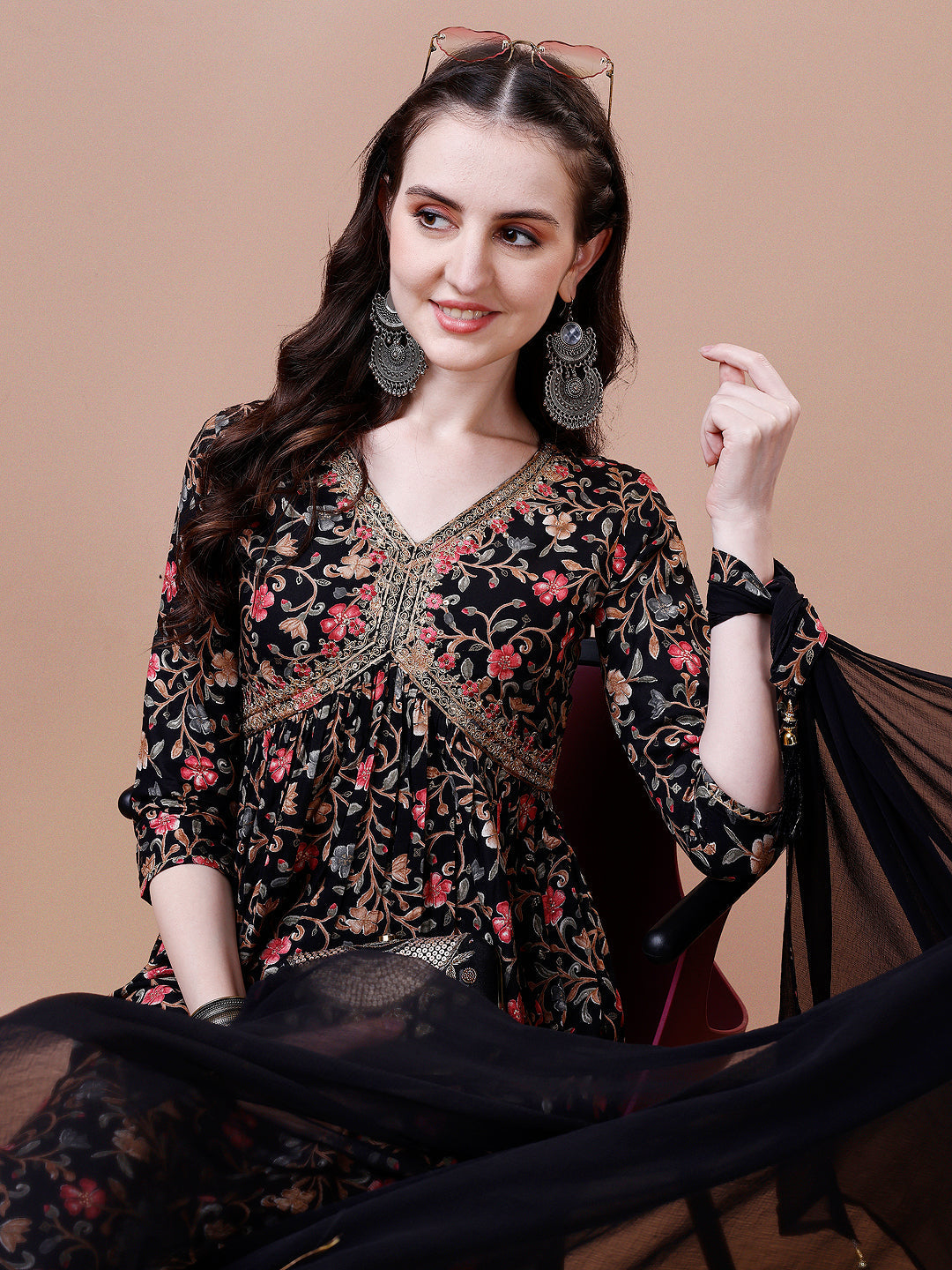 Alia Cut Embroidered & Floral Printed Rayon Kurta With Pant & Dupatta, Multicolor - Hiral Fashion
