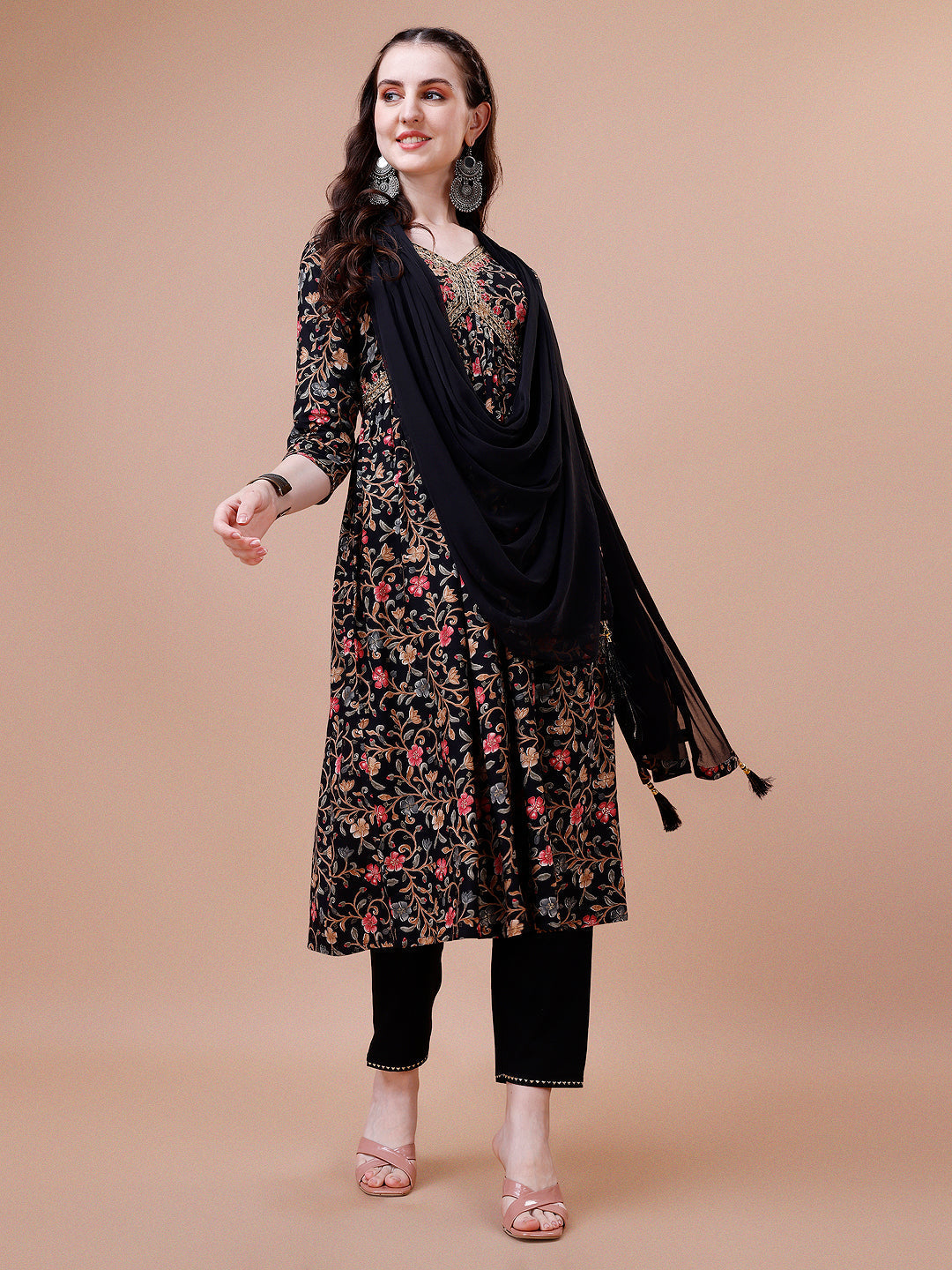 Alia Cut Embroidered & Floral Printed Rayon Kurta With Pant & Dupatta, Multicolor - Hiral Fashion
