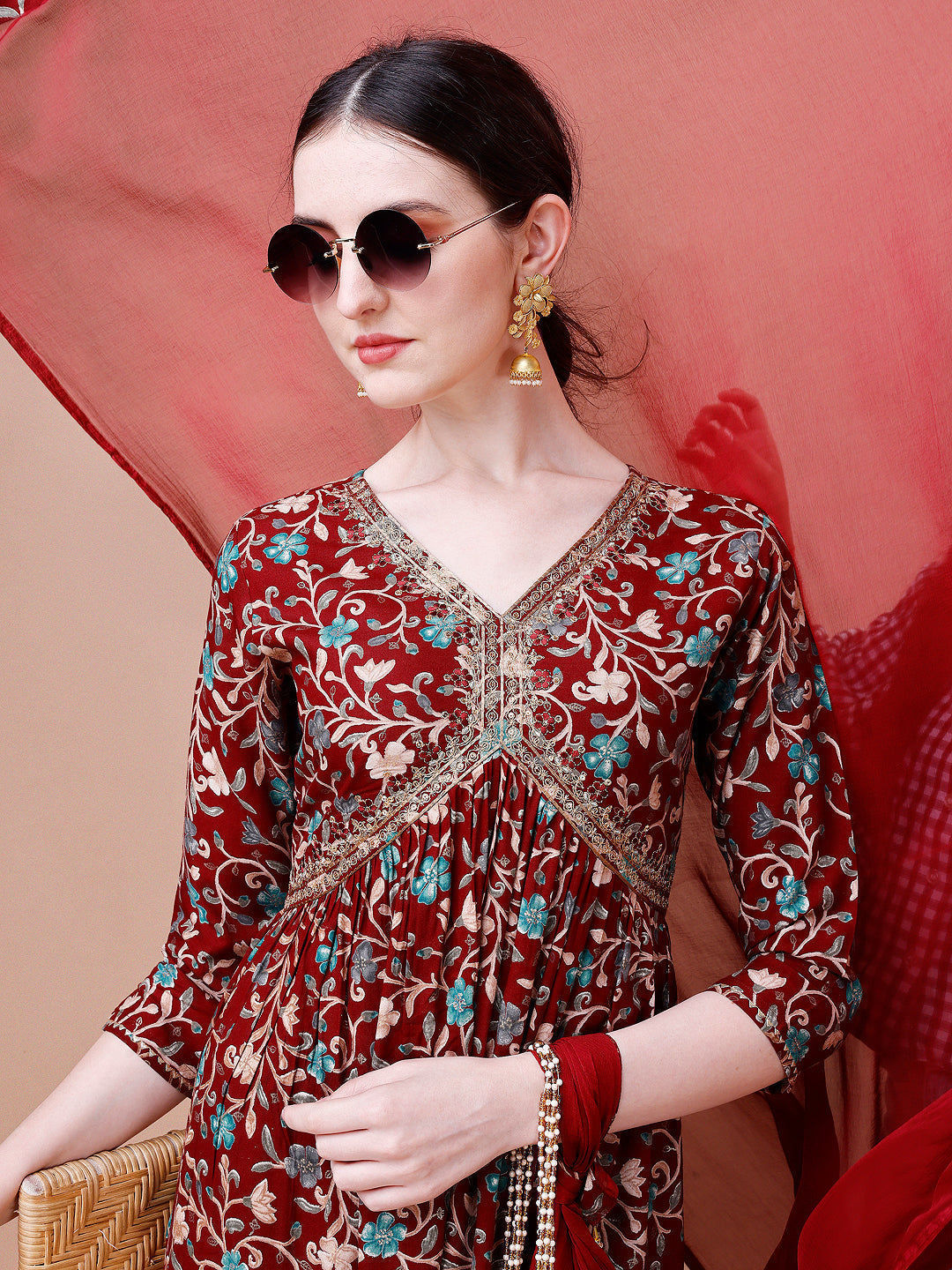 Alia Cut Embroidered & Floral Printed Rayon Kurta With Pant & Dupatta, Multicolor - Hiral Fashion