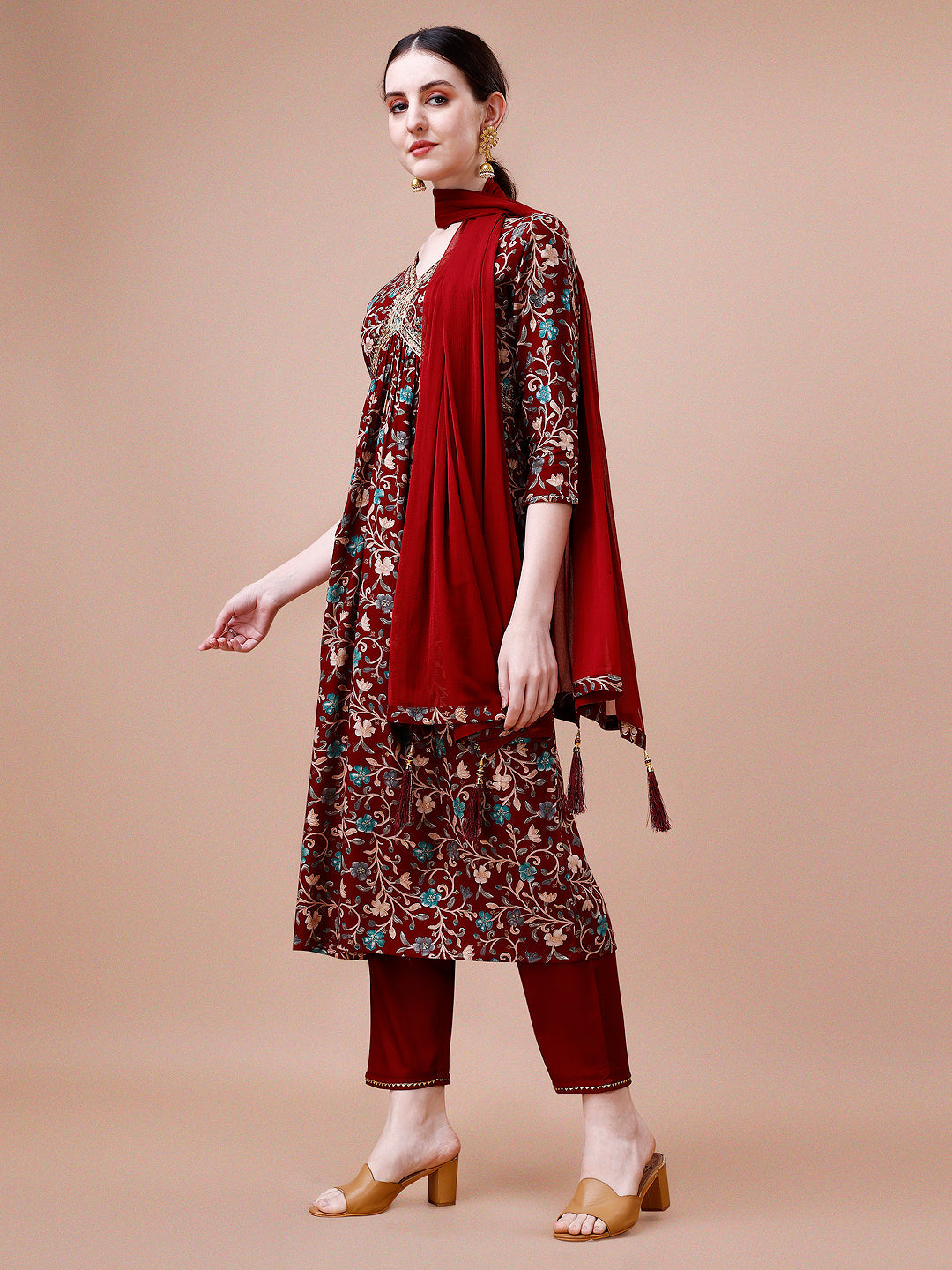 Alia Cut Embroidered & Floral Printed Rayon Kurta With Pant & Dupatta, Multicolor - Hiral Fashion