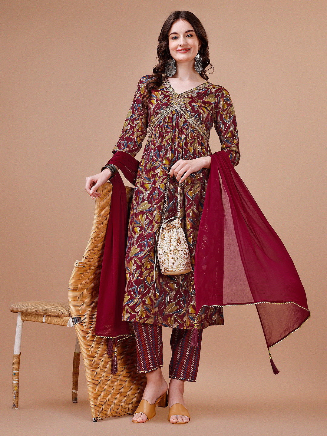 Alia Cut Botanical Printed & Embroidered Rayon Kurta With Pant & Dupatta, Multicolor - Hiral Fashion