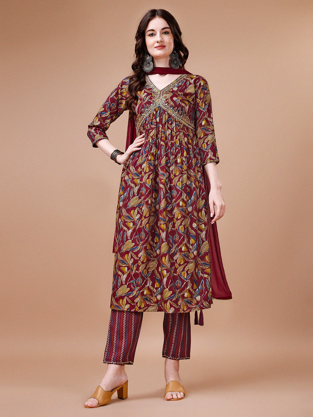 Alia Cut Botanical Printed & Embroidered Rayon Kurta With Pant & Dupatta, Multicolor - Hiral Fashion