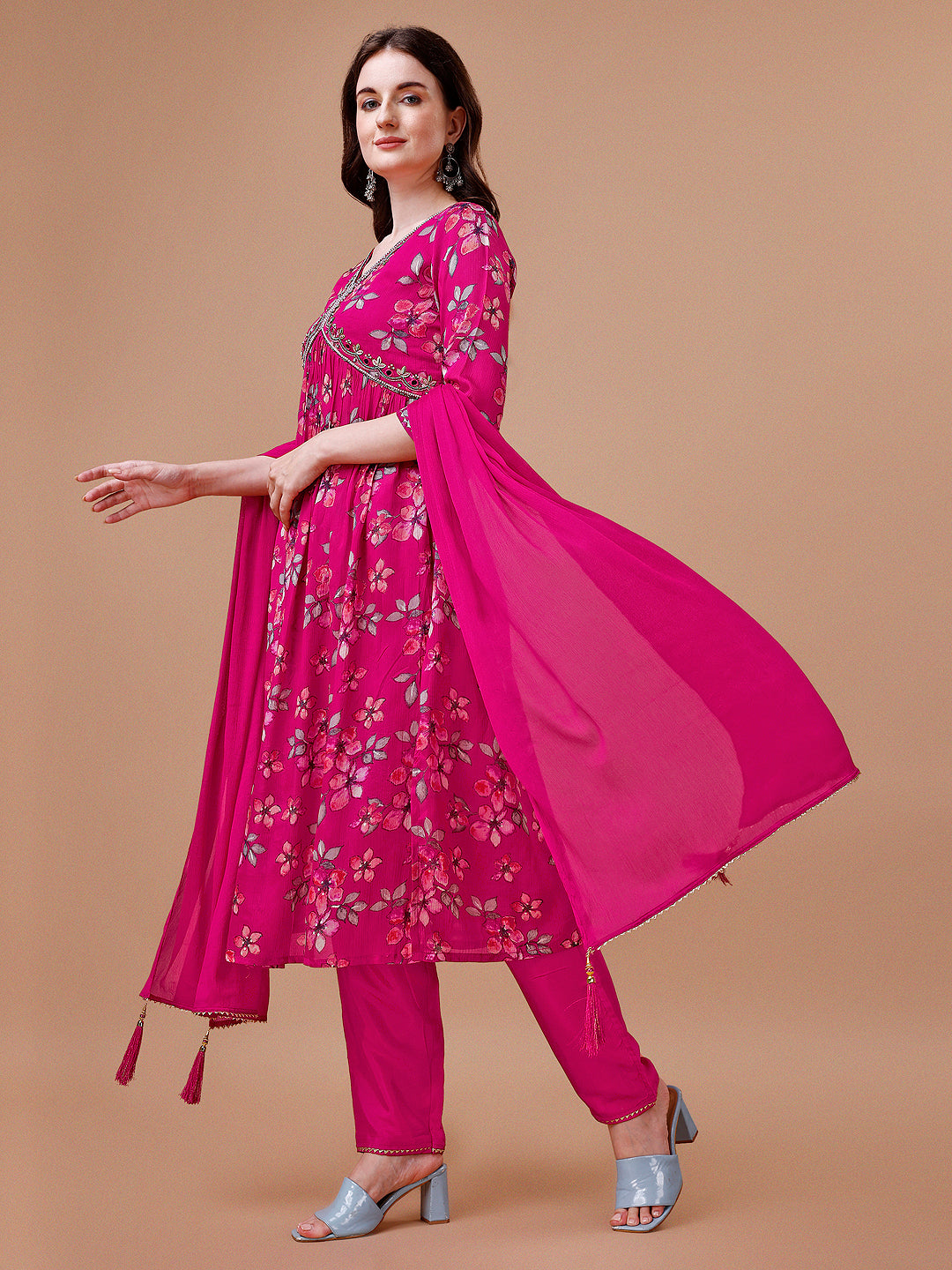 Alia Cut Hand Embroidered Floral Print Kurta With Pant & Dupatta, Multicolor - Hiral Fashion