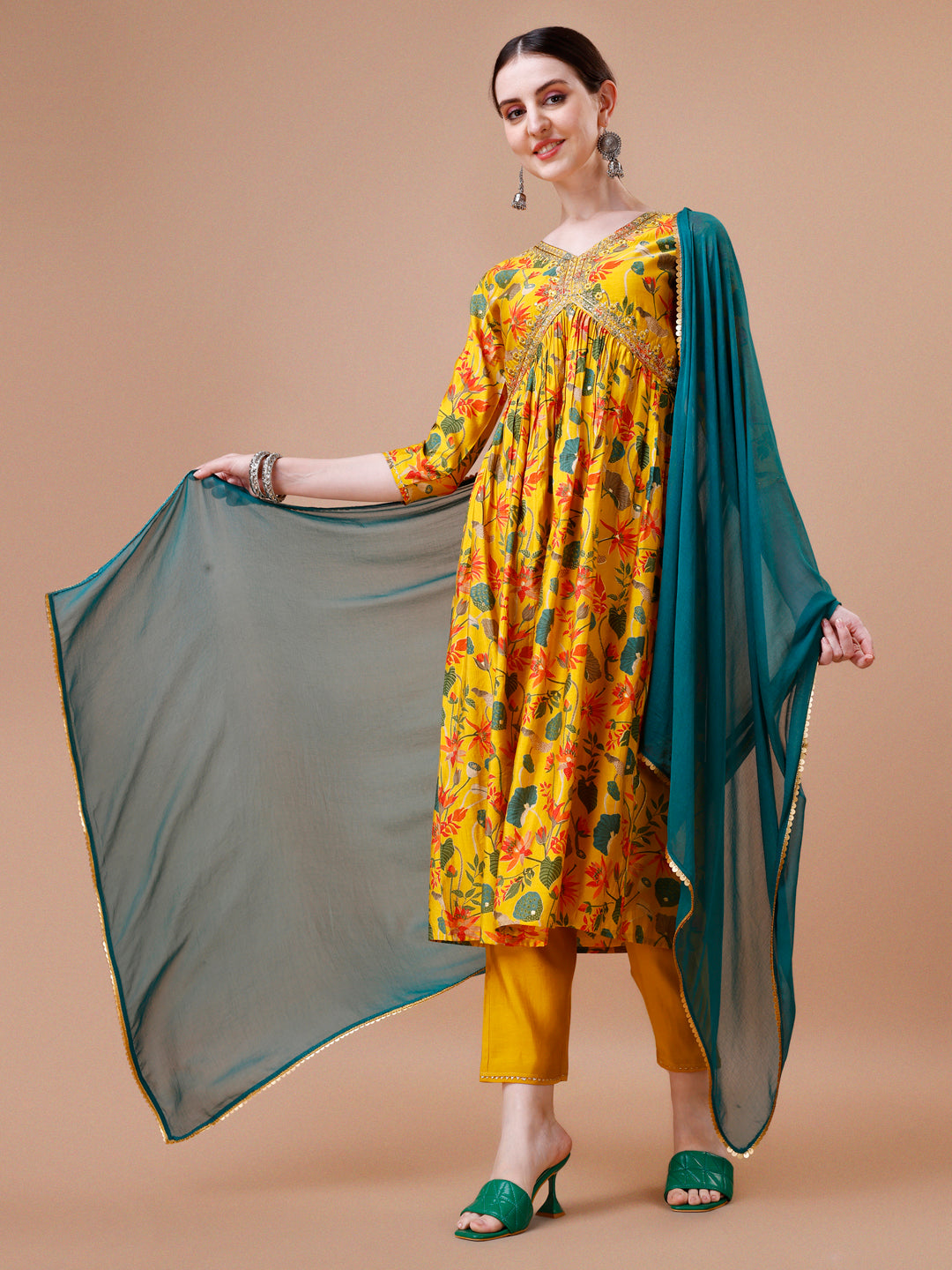 Alia Cut Embroidered & Floral Printed Kurta With Pant & Dupatta, Multicolor - Hiral Fashion