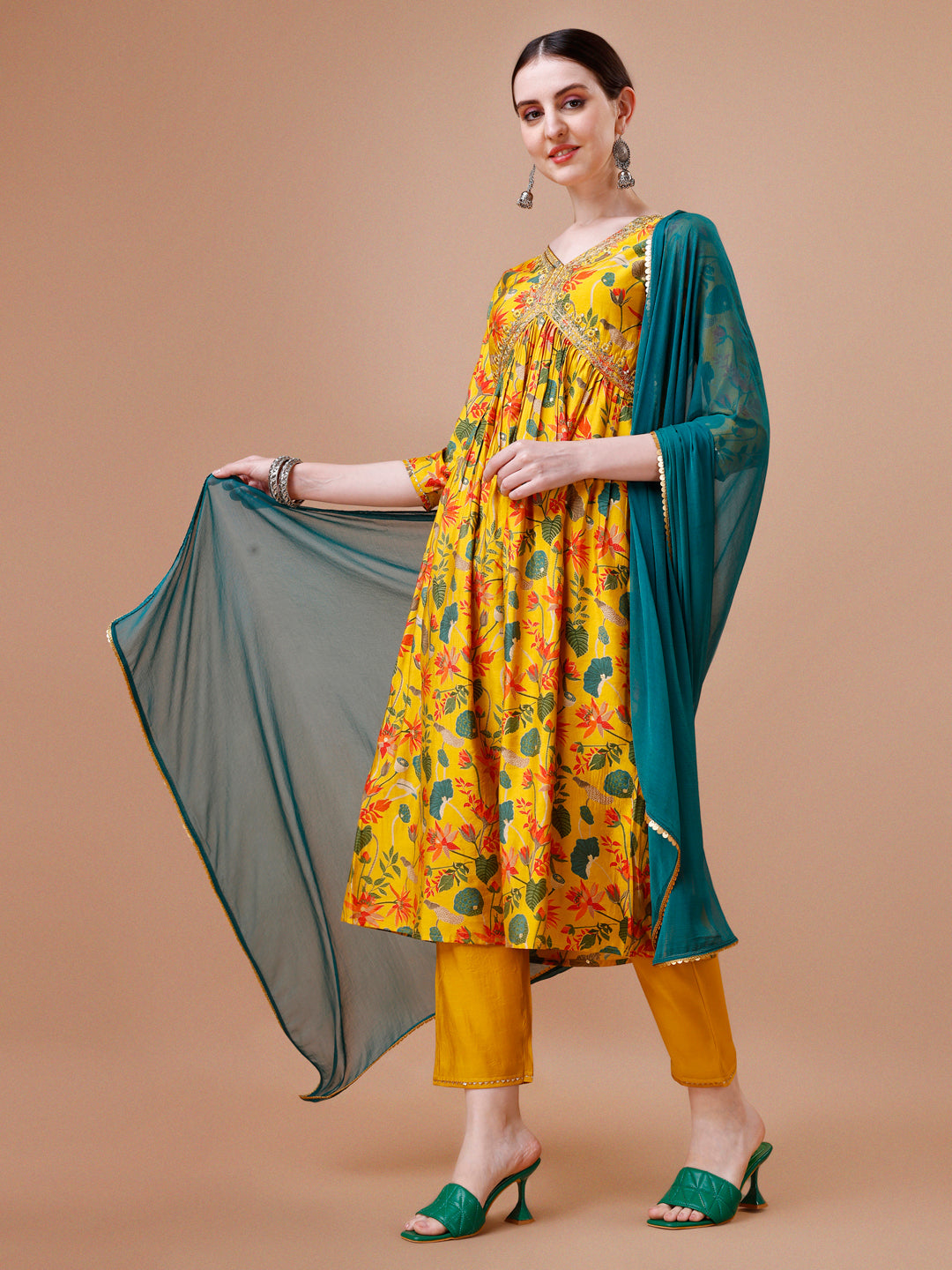 Alia Cut Embroidered & Floral Printed Kurta With Pant & Dupatta, Multicolor - Hiral Fashion