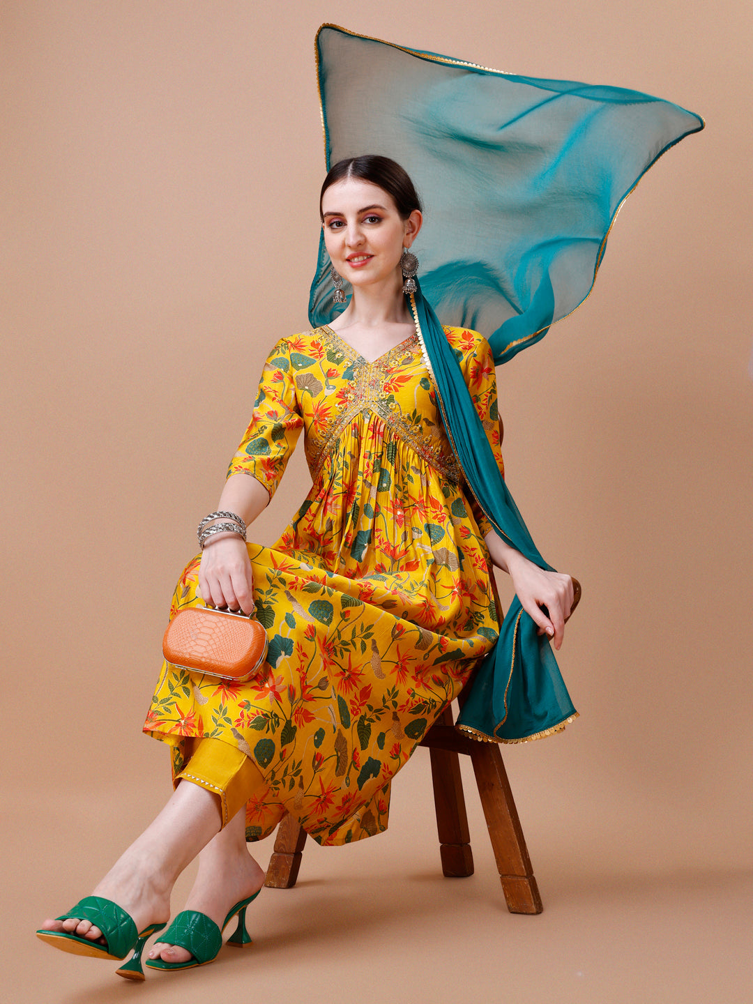 Alia Cut Embroidered & Floral Printed Kurta With Pant & Dupatta, Multicolor - Hiral Fashion