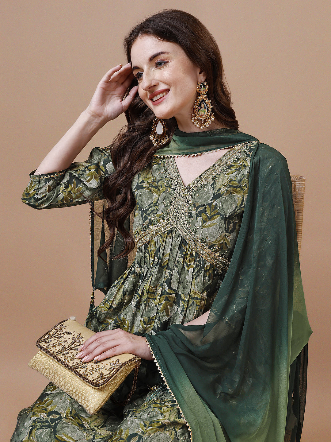 Alia Cut Printed & Embroidered Kurta With Pant & Dupatta, Multicolor - Hiral Fashion