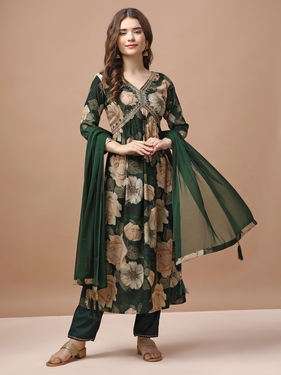 Alia Cut Rayon Embroidered & Floral Printed Kurta With Pant & Dupatta Premium, Multicolor - Hiral Fashion