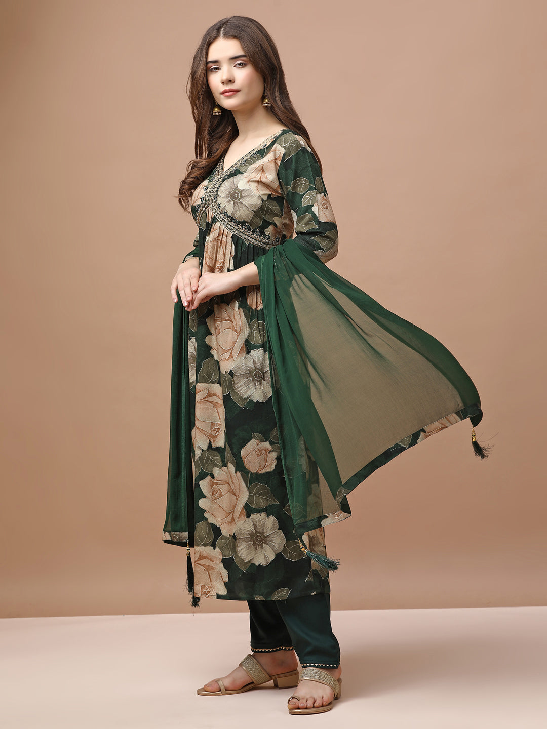 Alia Cut Rayon Embroidered & Floral Printed Kurta With Pant & Dupatta Premium, Multicolor - Hiral Fashion