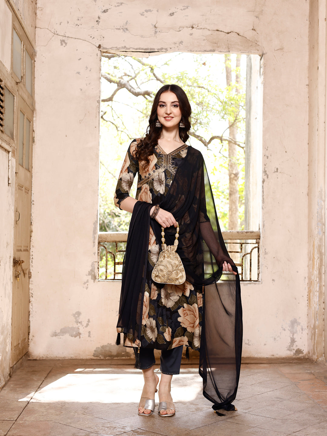 Alia Cut Rayon Embroidered & Floral Printed Kurta With Pant & Dupatta, Multicolor - Hiral Fashion