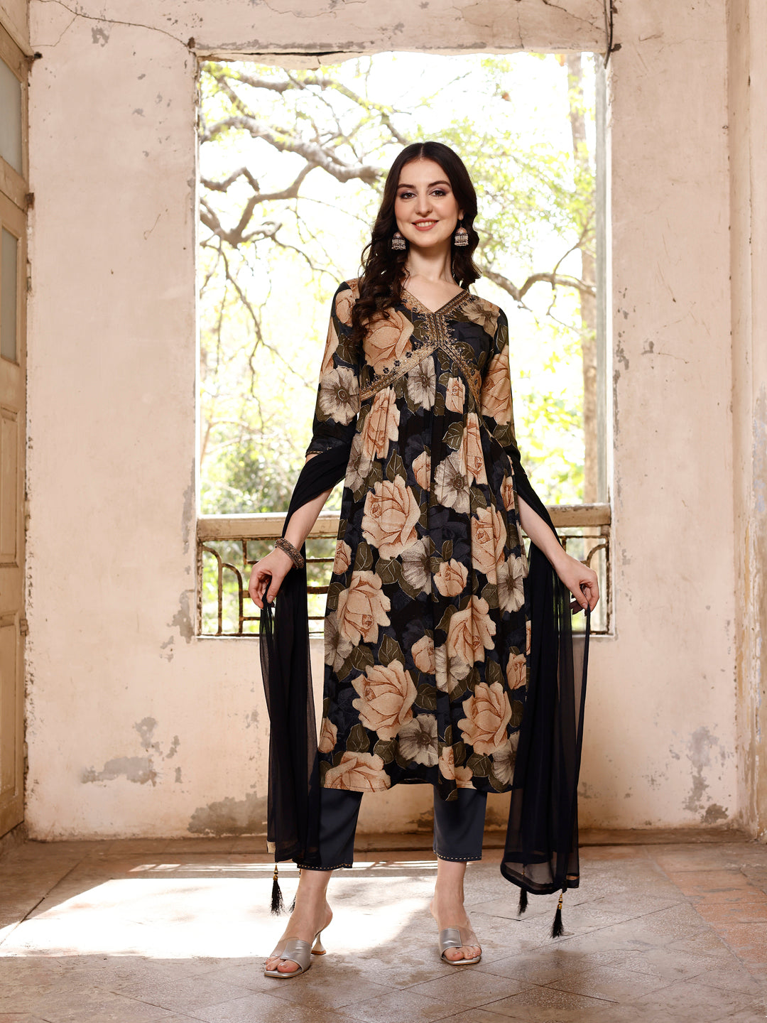Alia Cut Rayon Embroidered & Floral Printed Kurta With Pant & Dupatta, Multicolor - Hiral Fashion