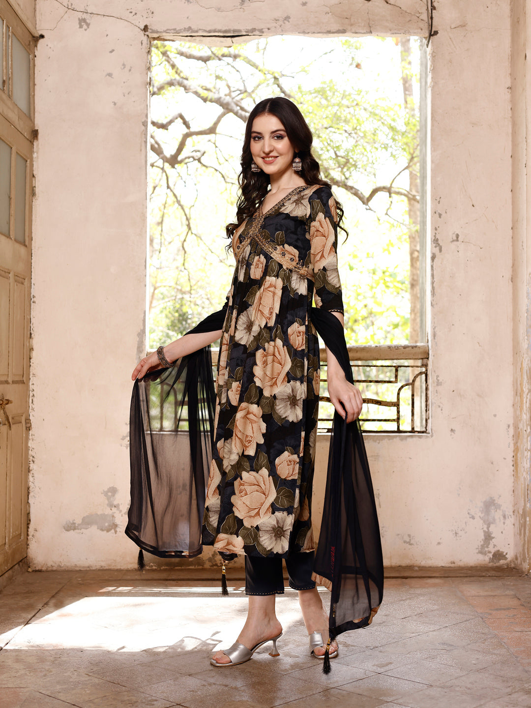 Alia Cut Rayon Embroidered & Floral Printed Kurta With Pant & Dupatta, Multicolor - Hiral Fashion