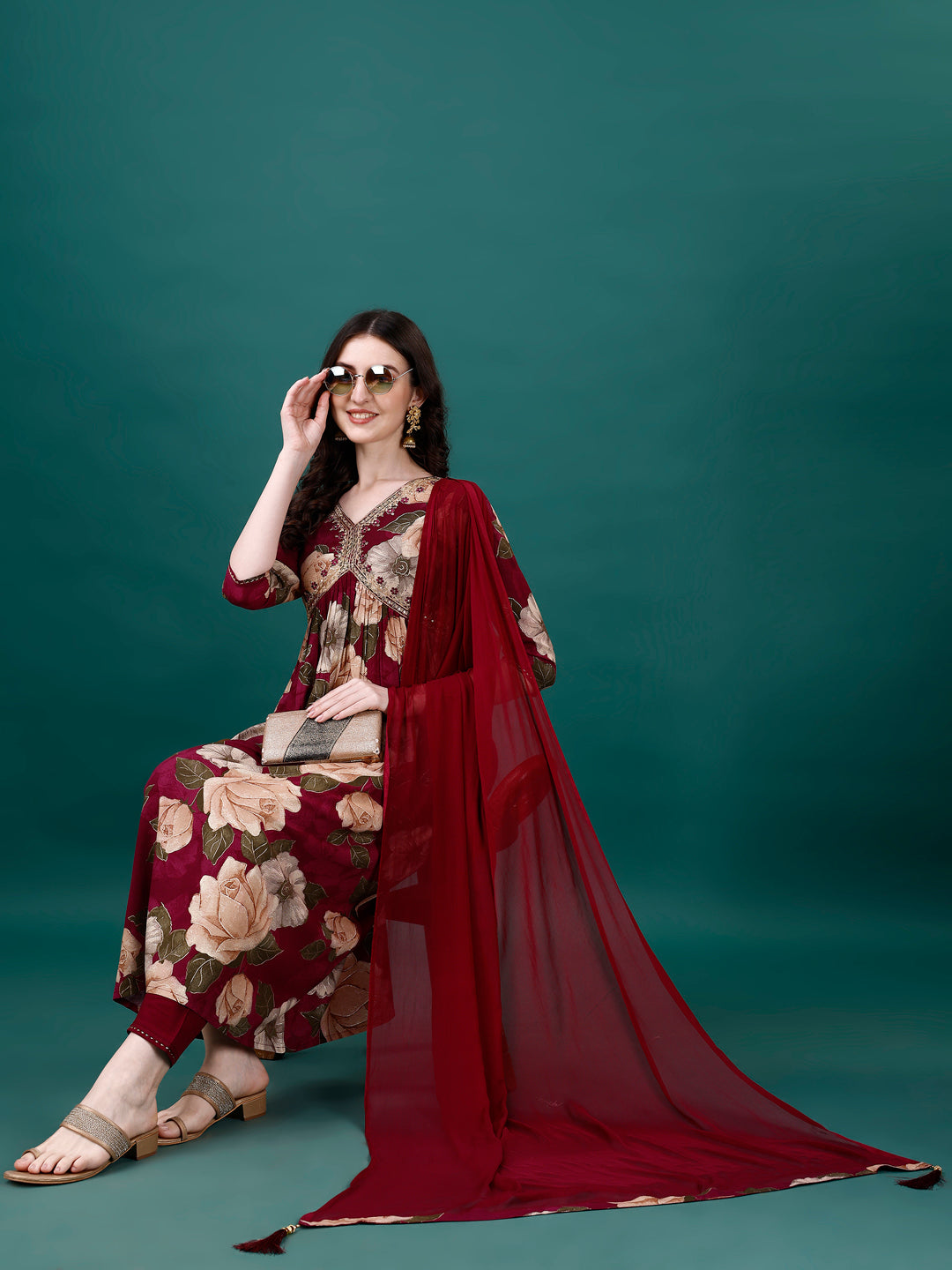 Alia Cut Rayon Embroidered & Floral Printed Kurta With Pant & Dupatta, Multicolor - Hiral Fashion