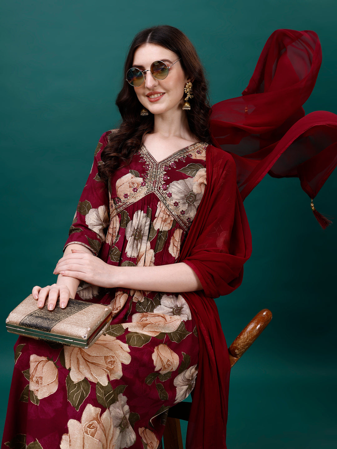 Alia Cut Rayon Embroidered & Floral Printed Kurta With Pant & Dupatta, Multicolor - Hiral Fashion
