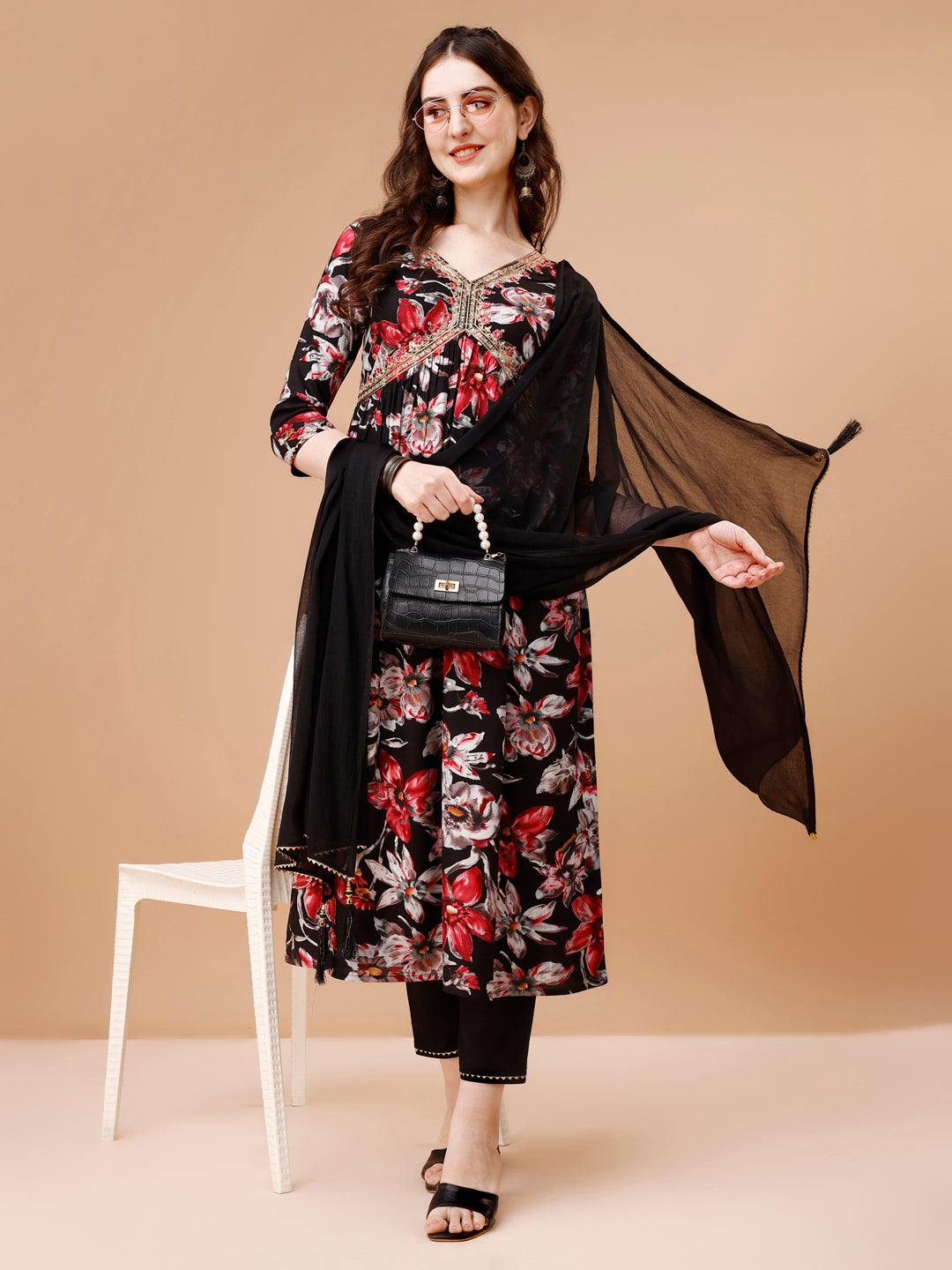 Alia Cut Embroidered & Floral Printed Rayon Kurta With Pant & Dupatta, Multicolor - Hiral Fashion