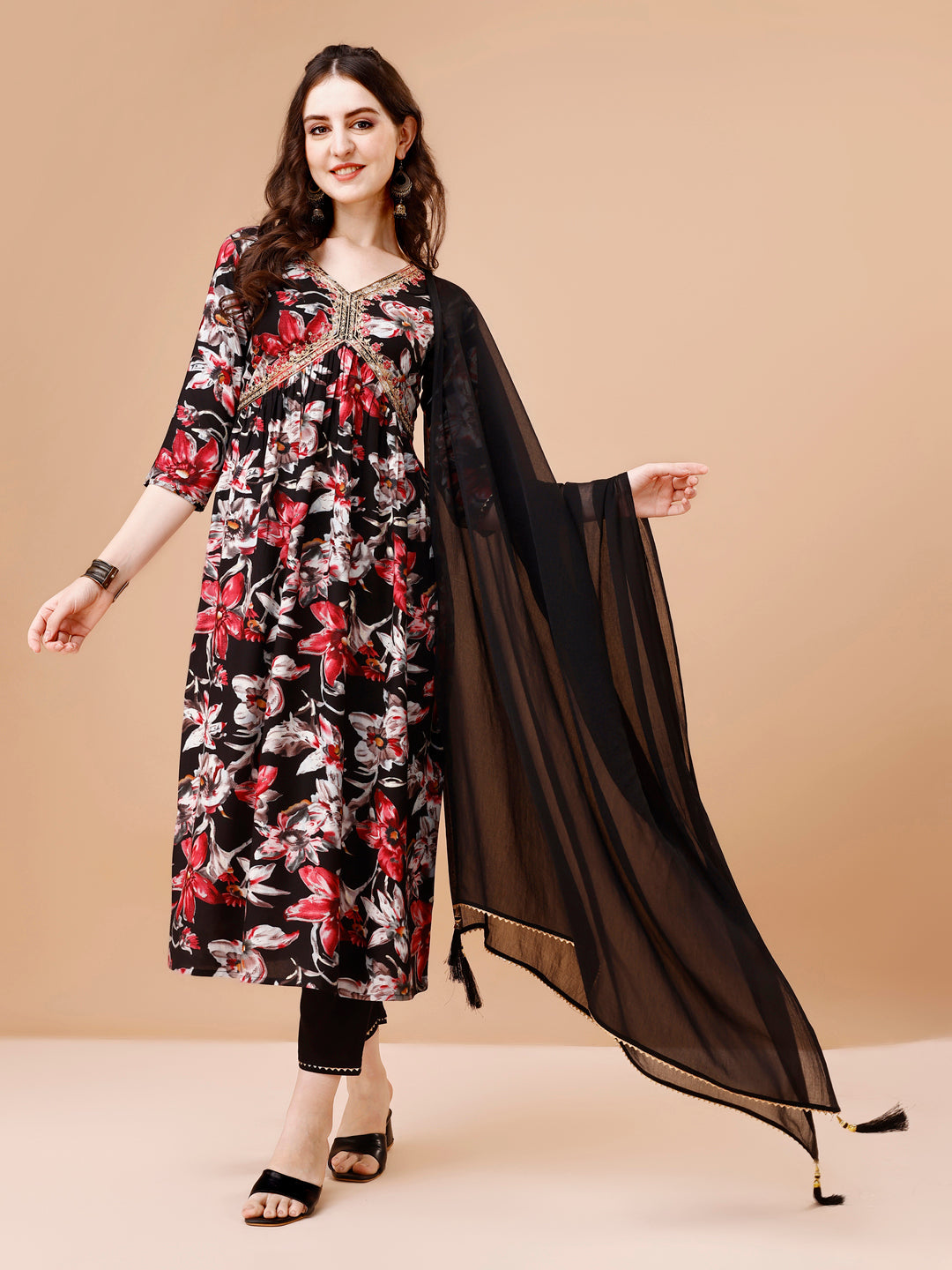Alia Cut Embroidered & Floral Printed Rayon Kurta With Pant & Dupatta, Multicolor - Hiral Fashion
