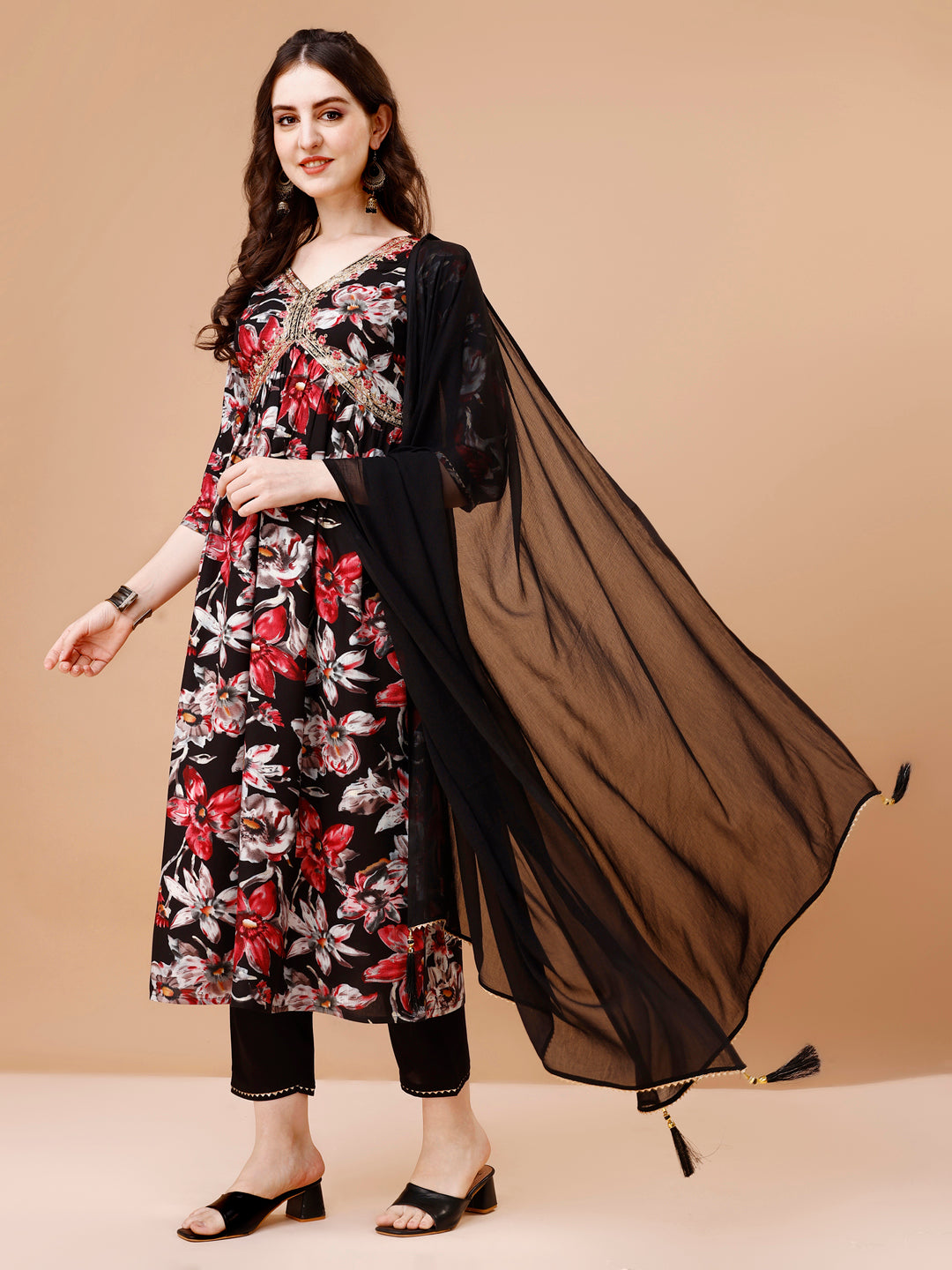 Alia Cut Embroidered & Floral Printed Rayon Kurta With Pant & Dupatta, Multicolor - Hiral Fashion