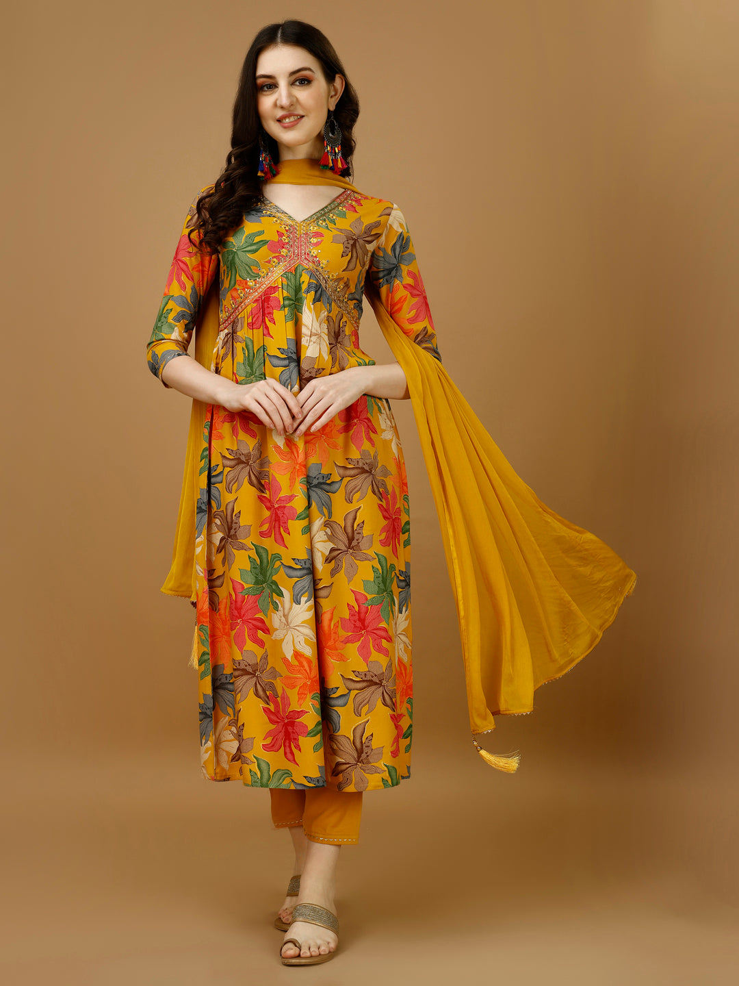 Alia Cut Rayon Embroidered & Floral Printed Kurta With Pant & Dupatta, Multicolor - Hiral Fashion