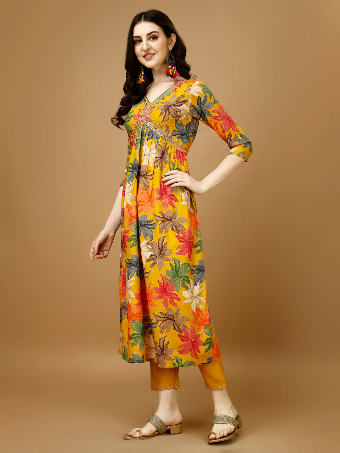Alia Cut Rayon Embroidered & Floral Printed Kurta With Pant & Dupatta, Multicolor - Hiral Fashion