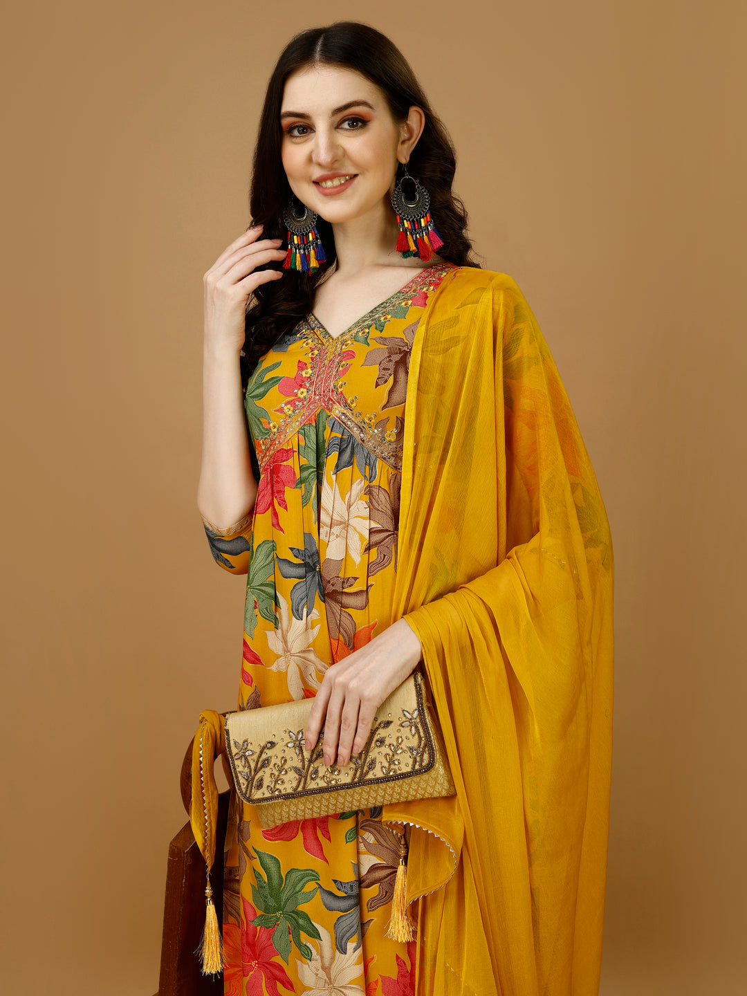 Alia Cut Rayon Embroidered & Floral Printed Kurta With Pant & Dupatta, Multicolor - Hiral Fashion