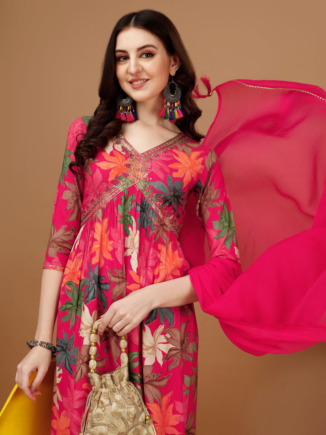 Alia Cut Rayon Embroidered & Floral Printed Kurta With Pant & Dupatta, Multicolor - Hiral Fashion