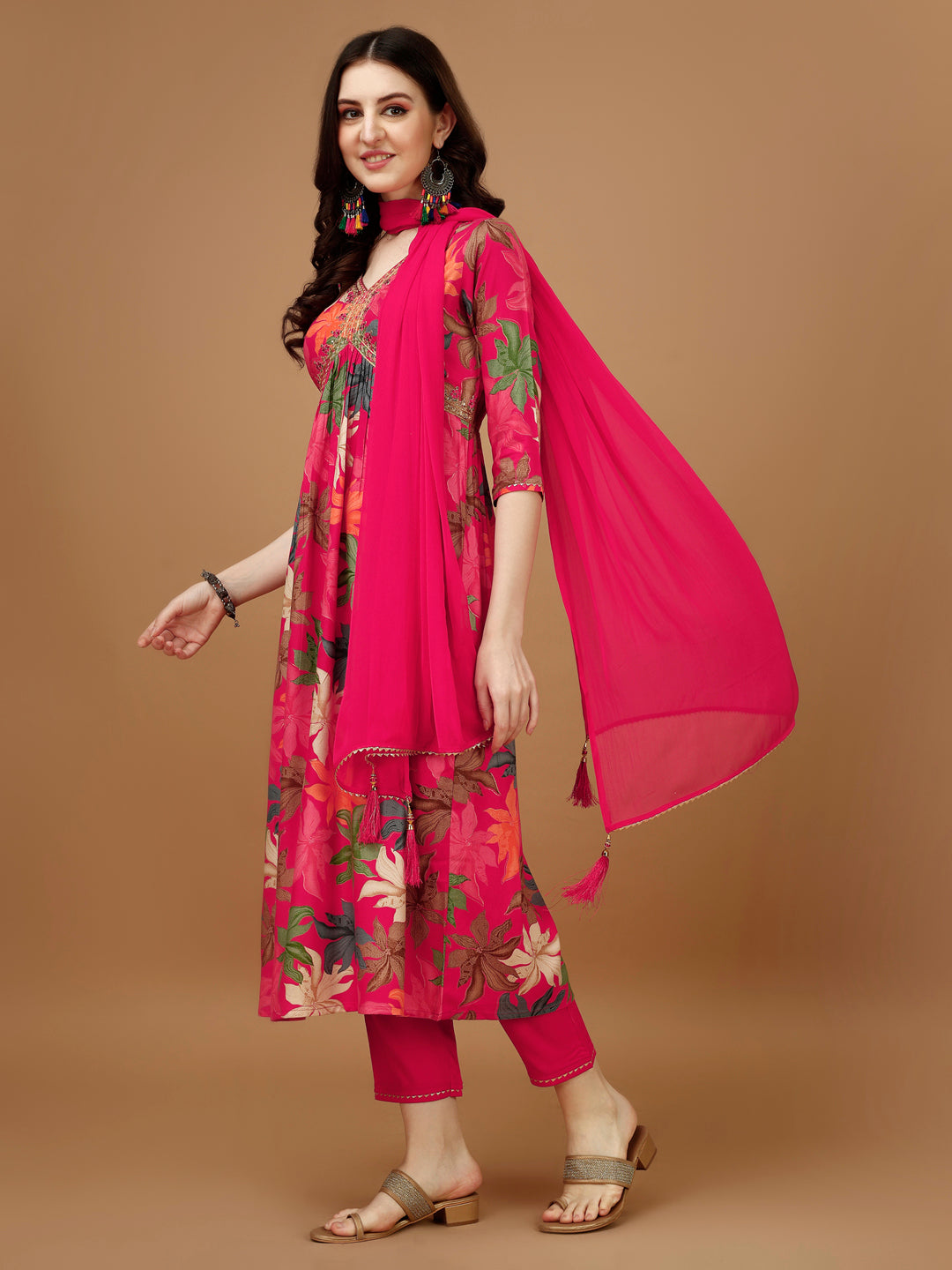 Alia Cut Rayon Embroidered & Floral Printed Kurta With Pant & Dupatta, Multicolor - Hiral Fashion