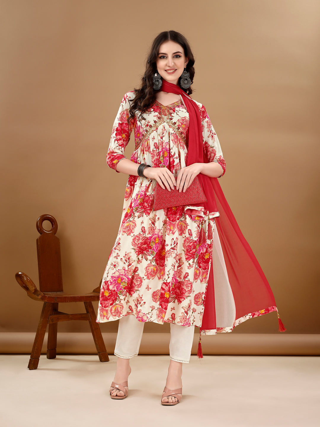Alia Cut Floral Printed & Embroidered Kurta With Pant & Dupatta Set Premium Luxury, Multicolor - Hiral Fashion