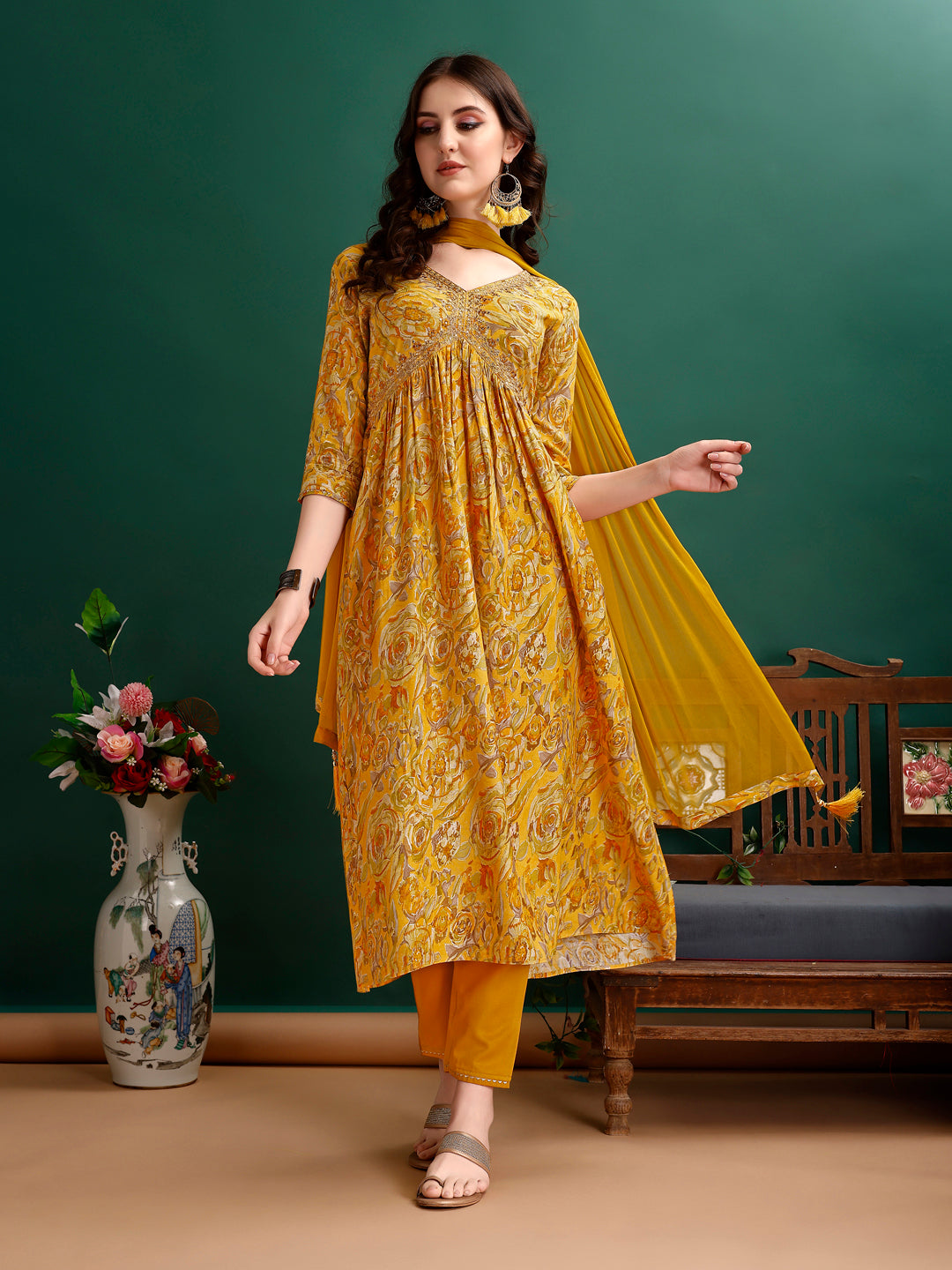 Alia Cut Floral Printed & Embroidered Kurta With Pant & Dupatta Set Luxury Premium, Multicolor - Hiral Fashion