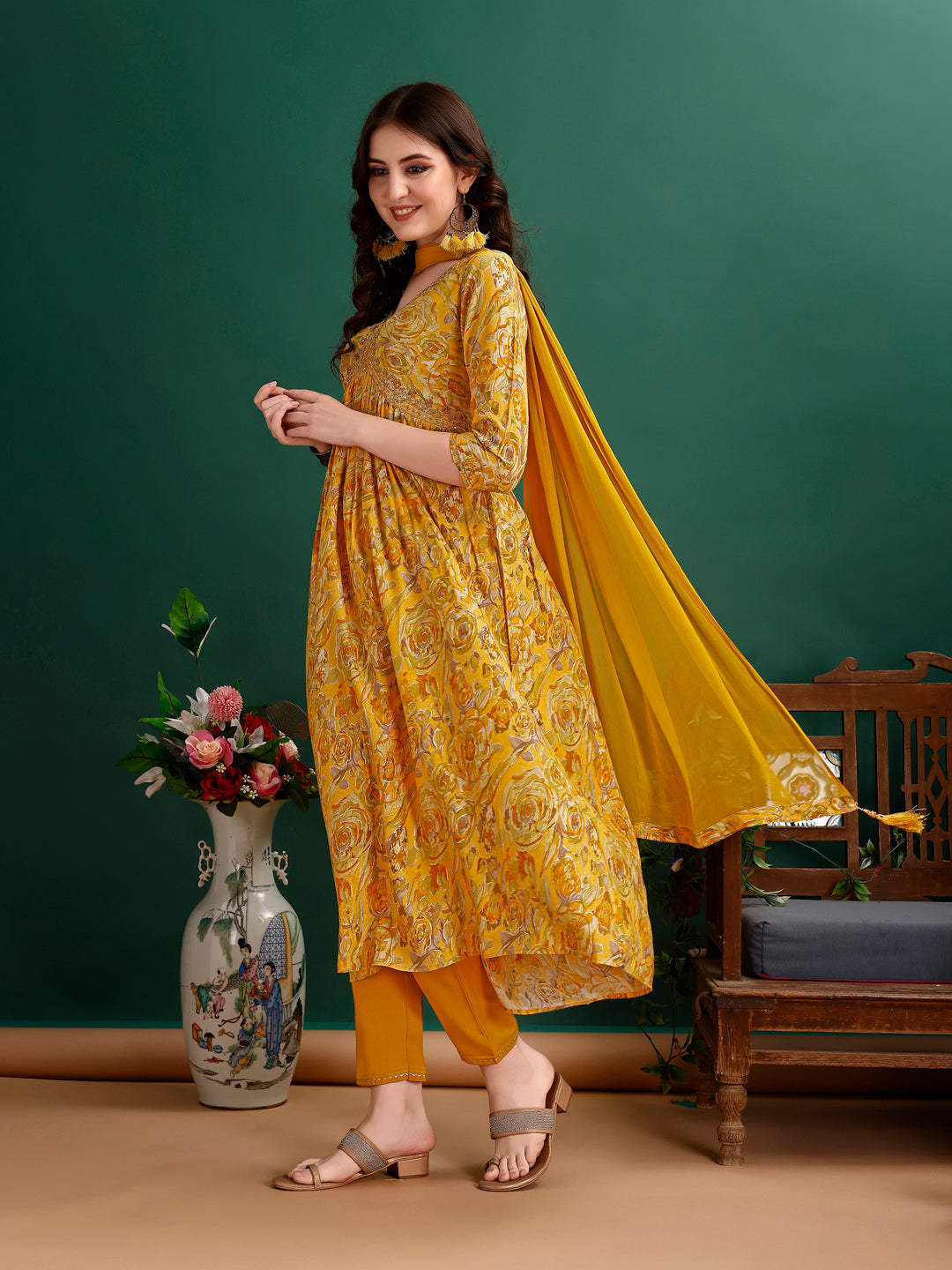Alia Cut Floral Printed & Embroidered Kurta With Pant & Dupatta Set Luxury Premium, Multicolor - Hiral Fashion