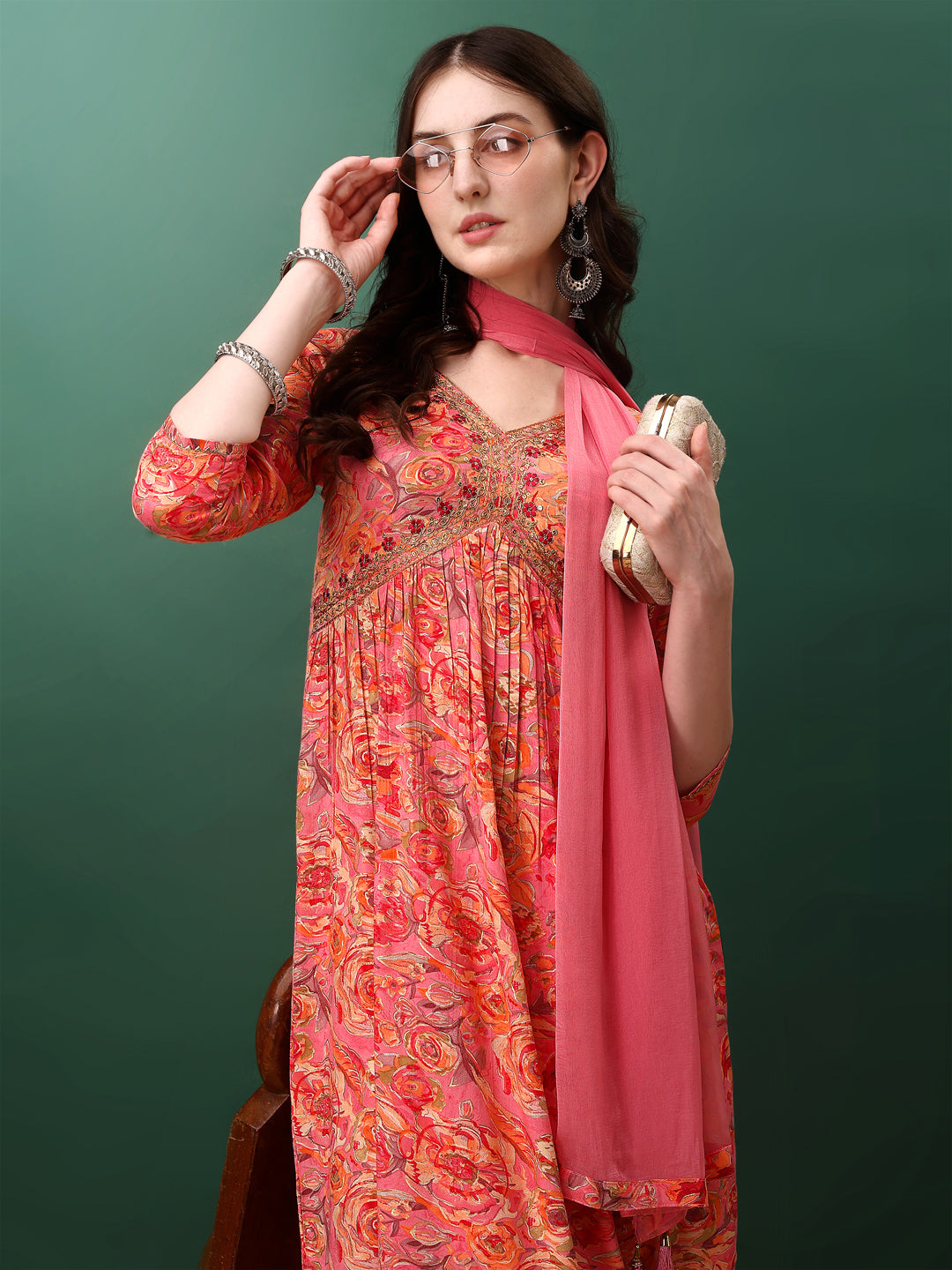 Alia Cut Floral Printed & Embroidered Kurta With Pant & Dupatta Set, Pink - Hiral Fashion