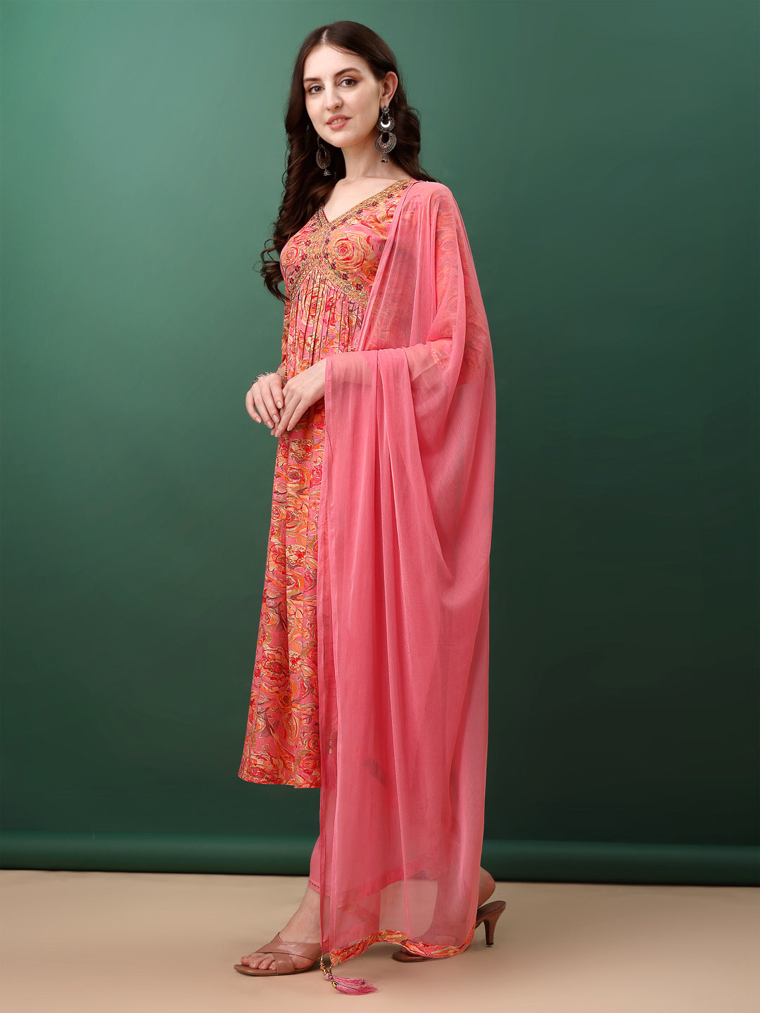 Alia Cut Floral Printed & Embroidered Kurta With Pant & Dupatta Set, Pink - Hiral Fashion