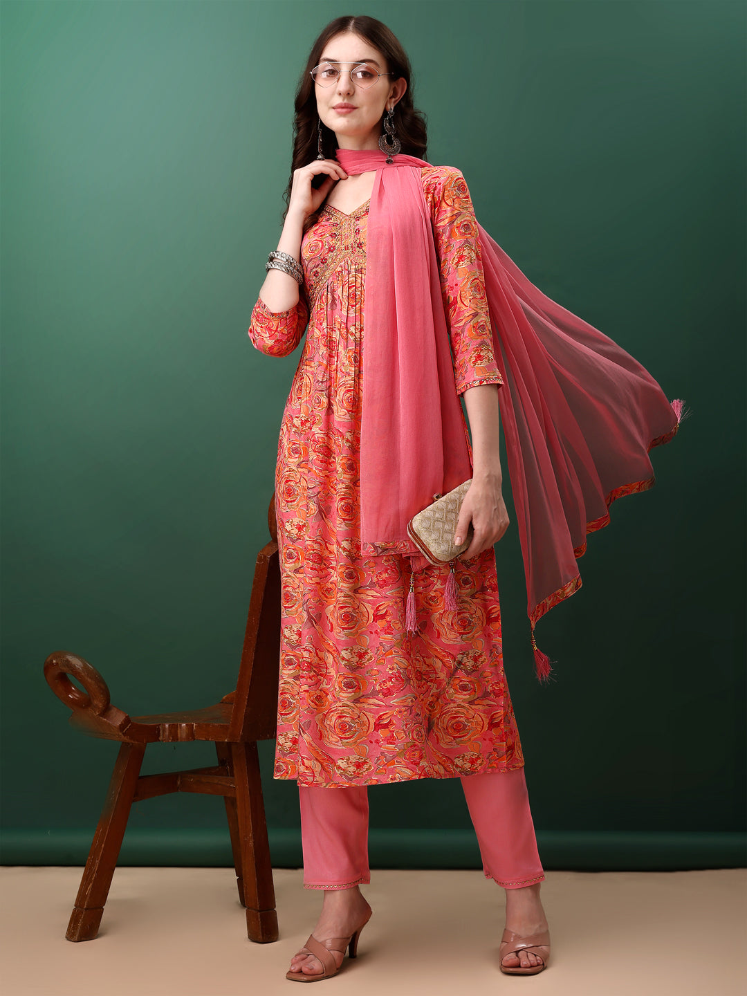 Alia Cut Floral Printed & Embroidered Kurta With Pant & Dupatta Set, Pink - Hiral Fashion