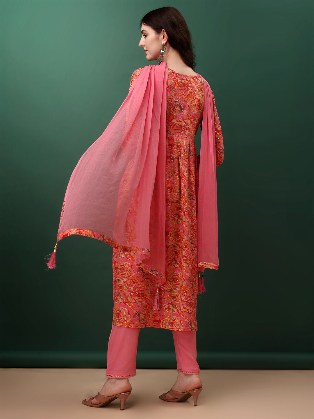 Alia Cut Floral Printed & Embroidered Kurta With Pant & Dupatta Set, Pink - Hiral Fashion