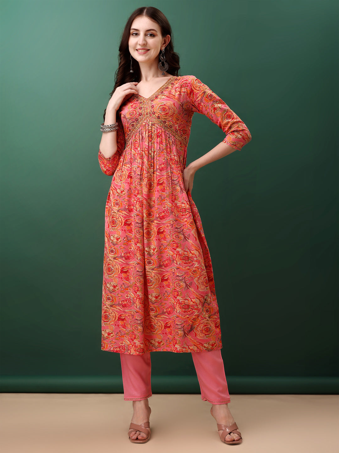 Alia Cut Floral Printed & Embroidered Kurta With Pant & Dupatta Set, Pink - Hiral Fashion