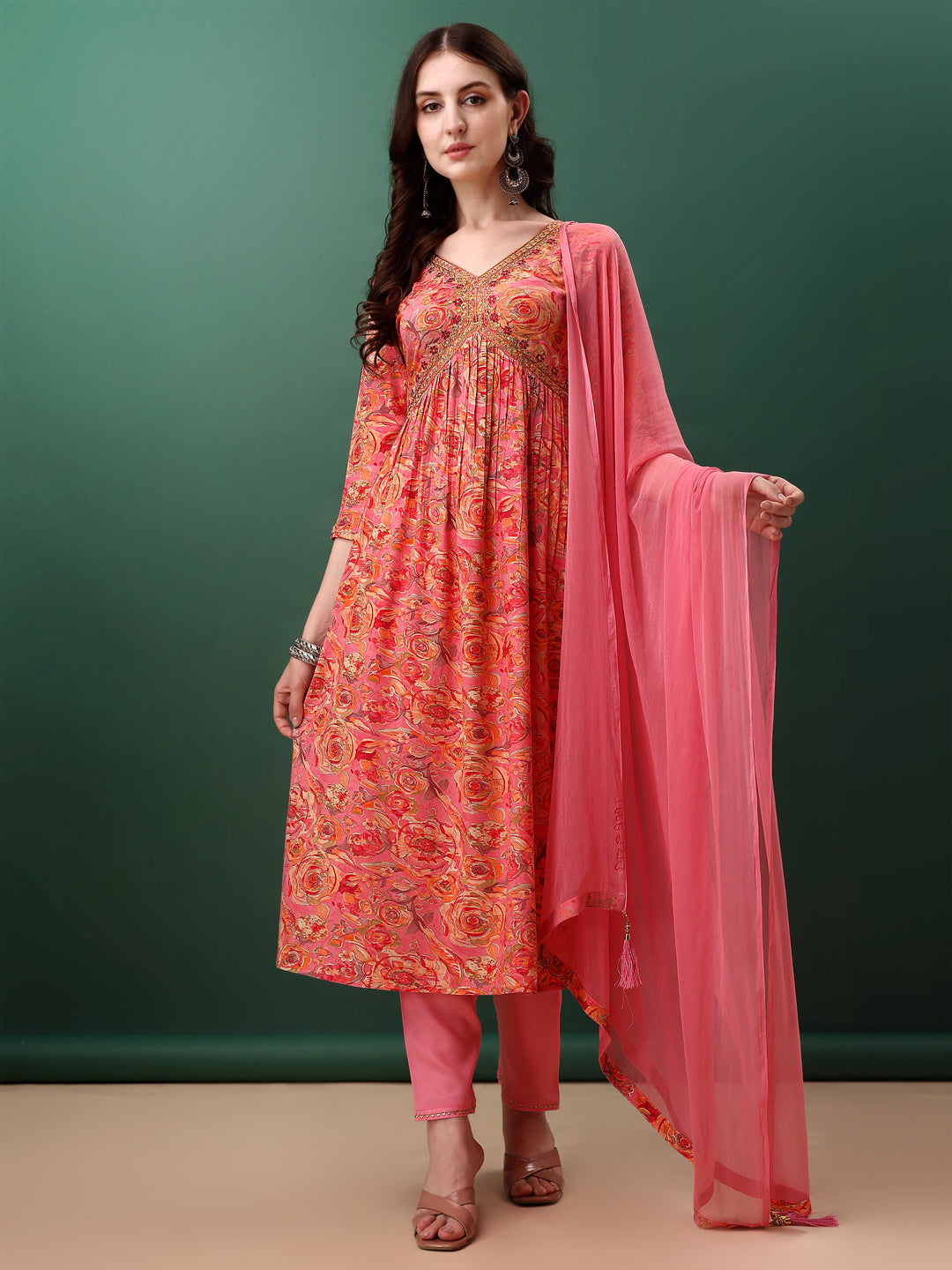 Alia Cut Floral Printed & Embroidered Kurta With Pant & Dupatta Set, Pink - Hiral Fashion