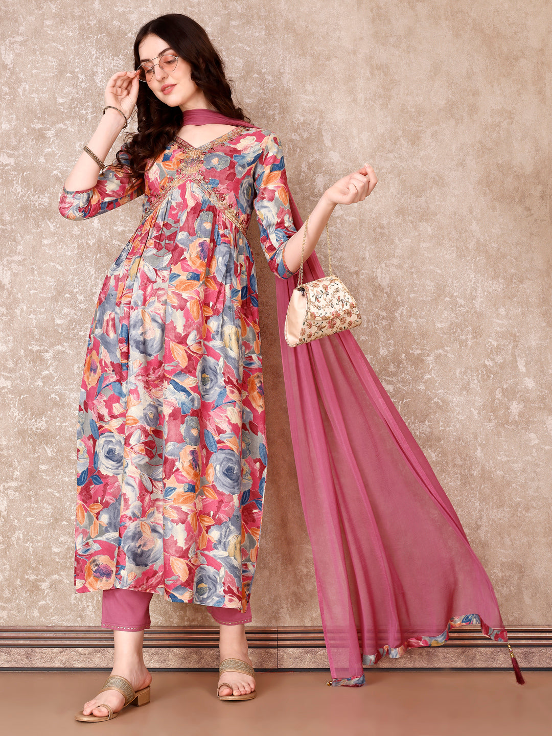 Alia Cut Embroidered & Floral Printed Kurta With Pant & Dupatta Premium Luxury, Multicolor - Hiral Fashion