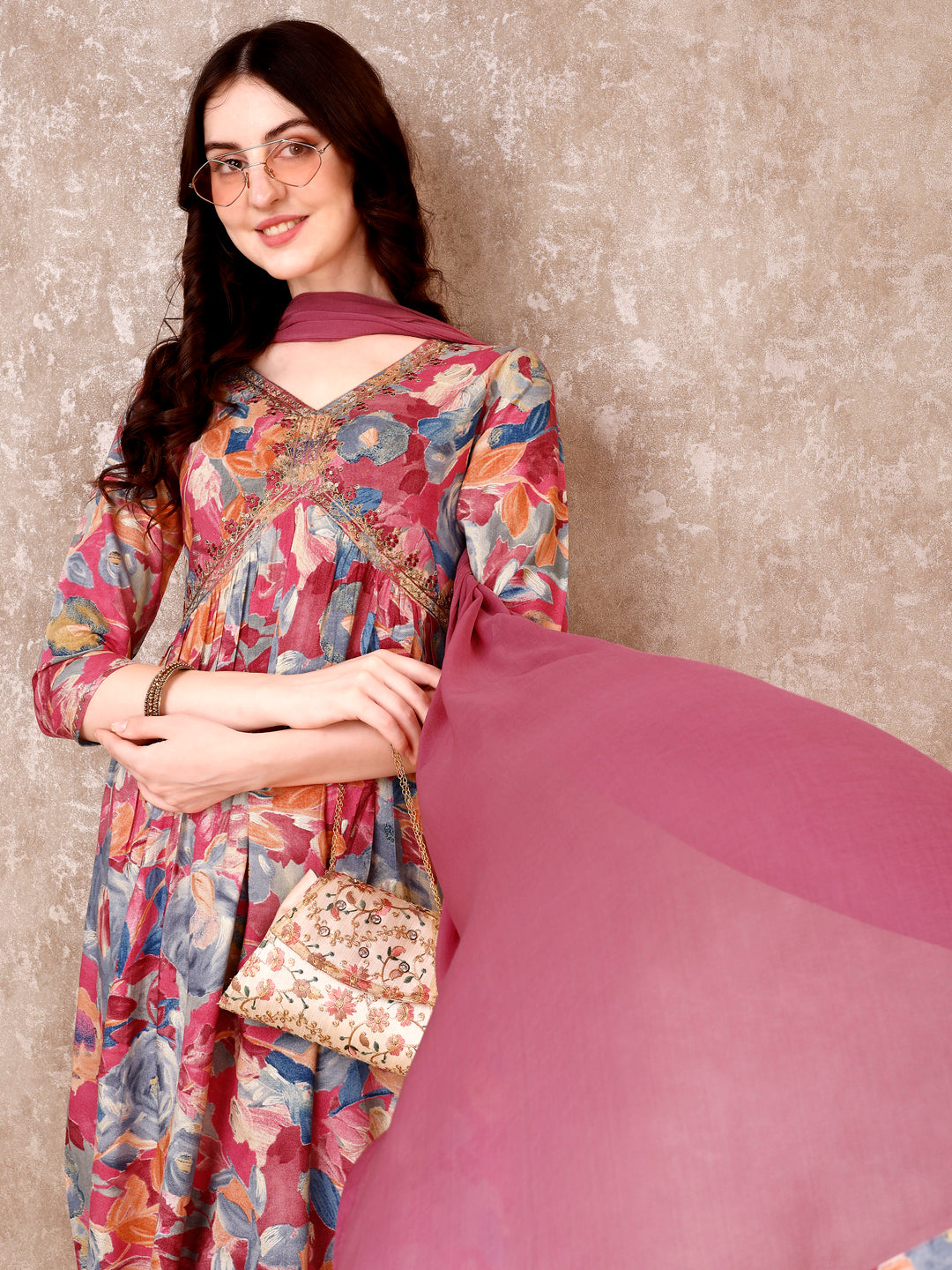 Alia Cut Embroidered & Floral Printed Kurta With Pant & Dupatta Premium Luxury, Multicolor - Hiral Fashion