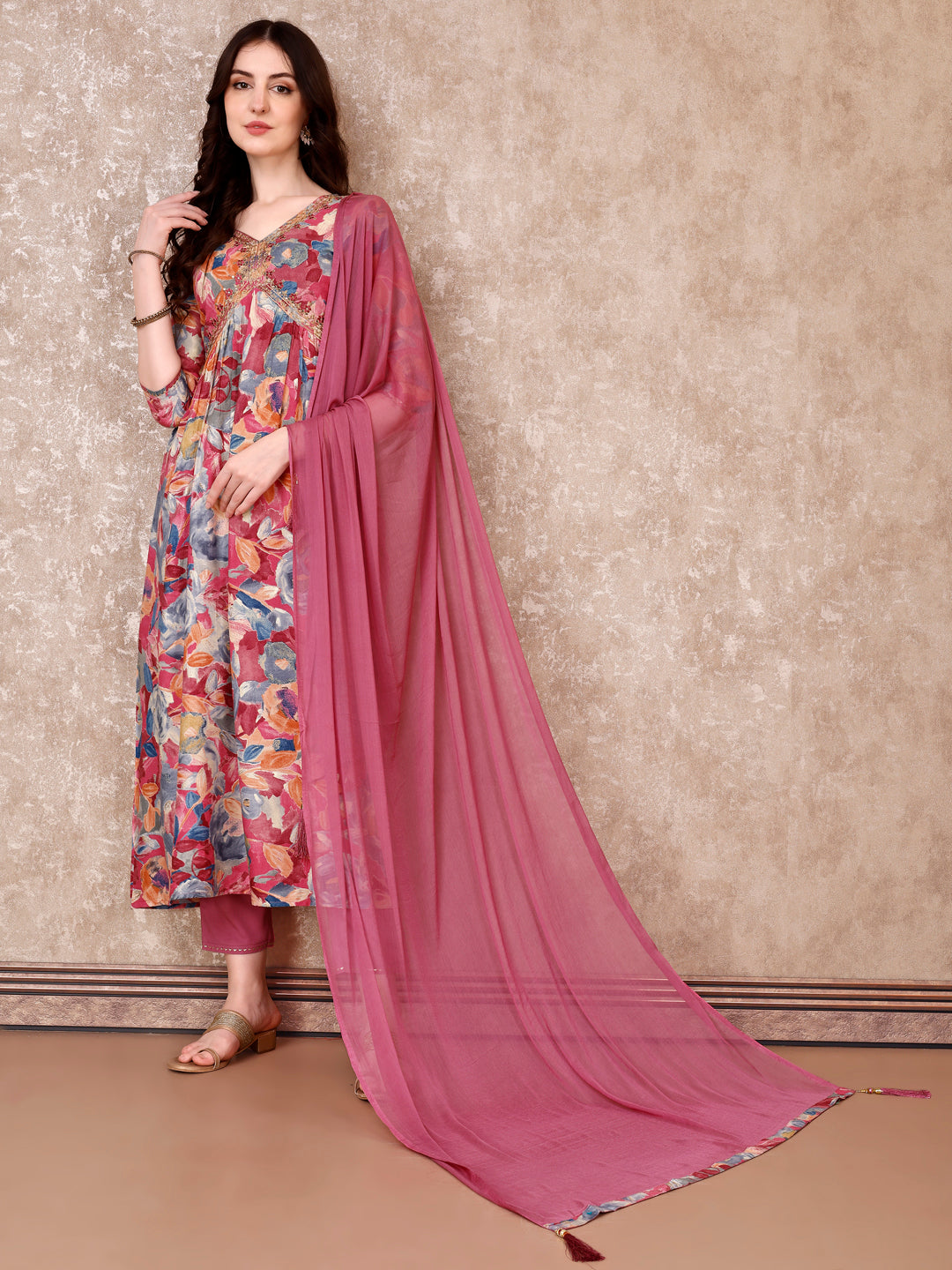 Alia Cut Embroidered & Floral Printed Kurta With Pant & Dupatta Premium Luxury, Multicolor - Hiral Fashion