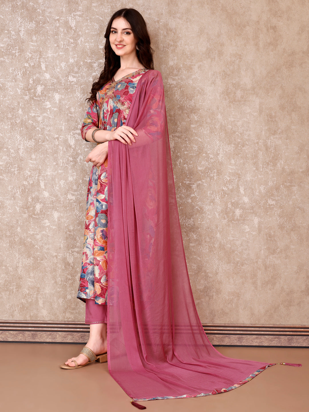 Alia Cut Embroidered & Floral Printed Kurta With Pant & Dupatta Premium Luxury, Multicolor - Hiral Fashion