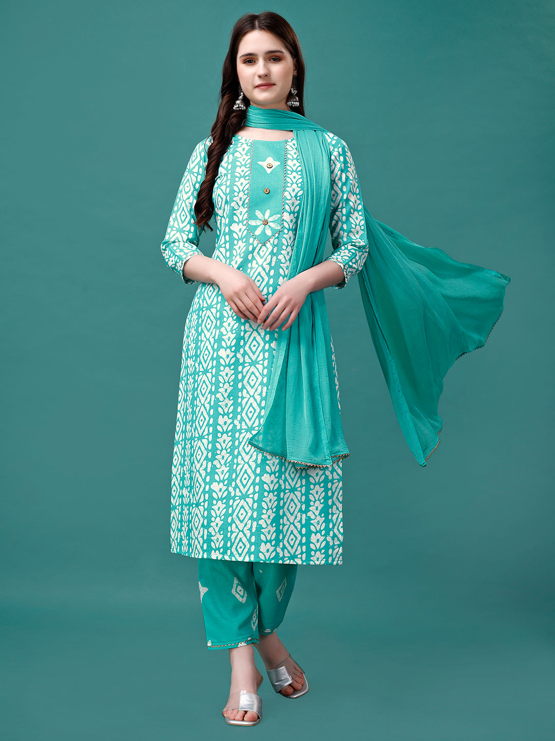Bandhani Printed Cotton Kurta With Pant & Dupatta, Multicolor - Hiral Fashion