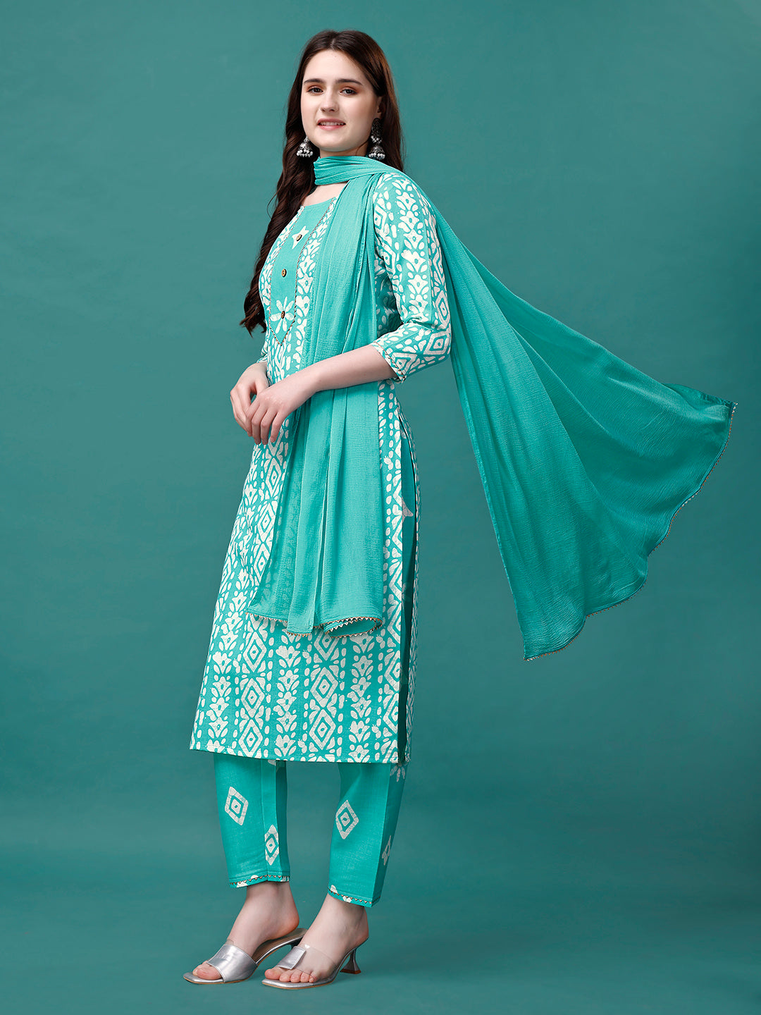 Bandhani Printed Cotton Kurta With Pant & Dupatta, Multicolor - Hiral Fashion