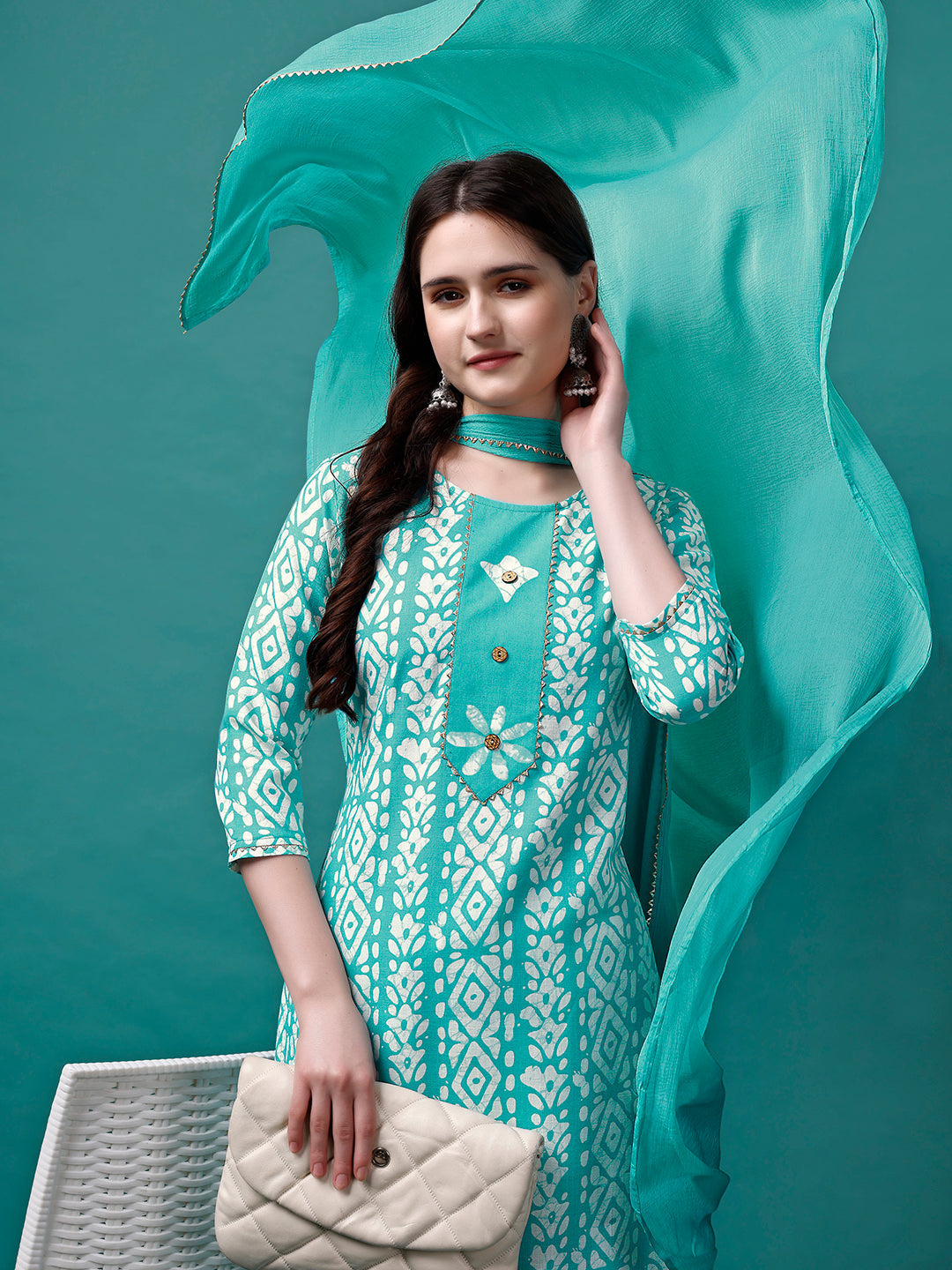 Bandhani Printed Cotton Kurta With Pant & Dupatta, Multicolor - Hiral Fashion