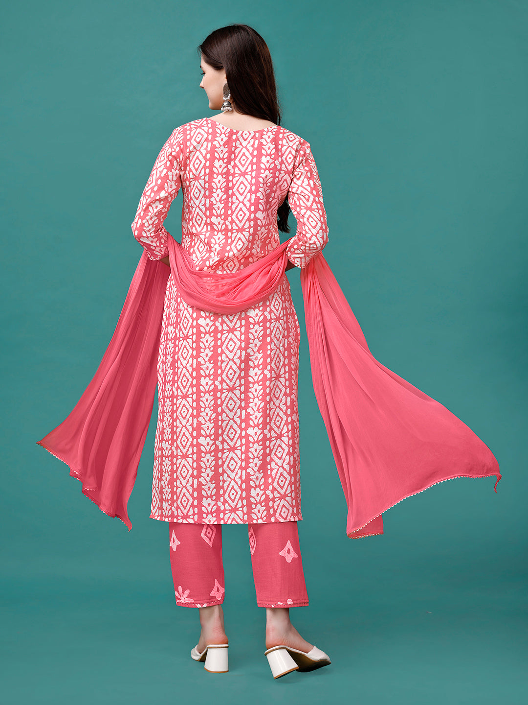 Bandhani Printed Cotton Kurta With Pant & Dupatta, Multicolor - Hiral Fashion